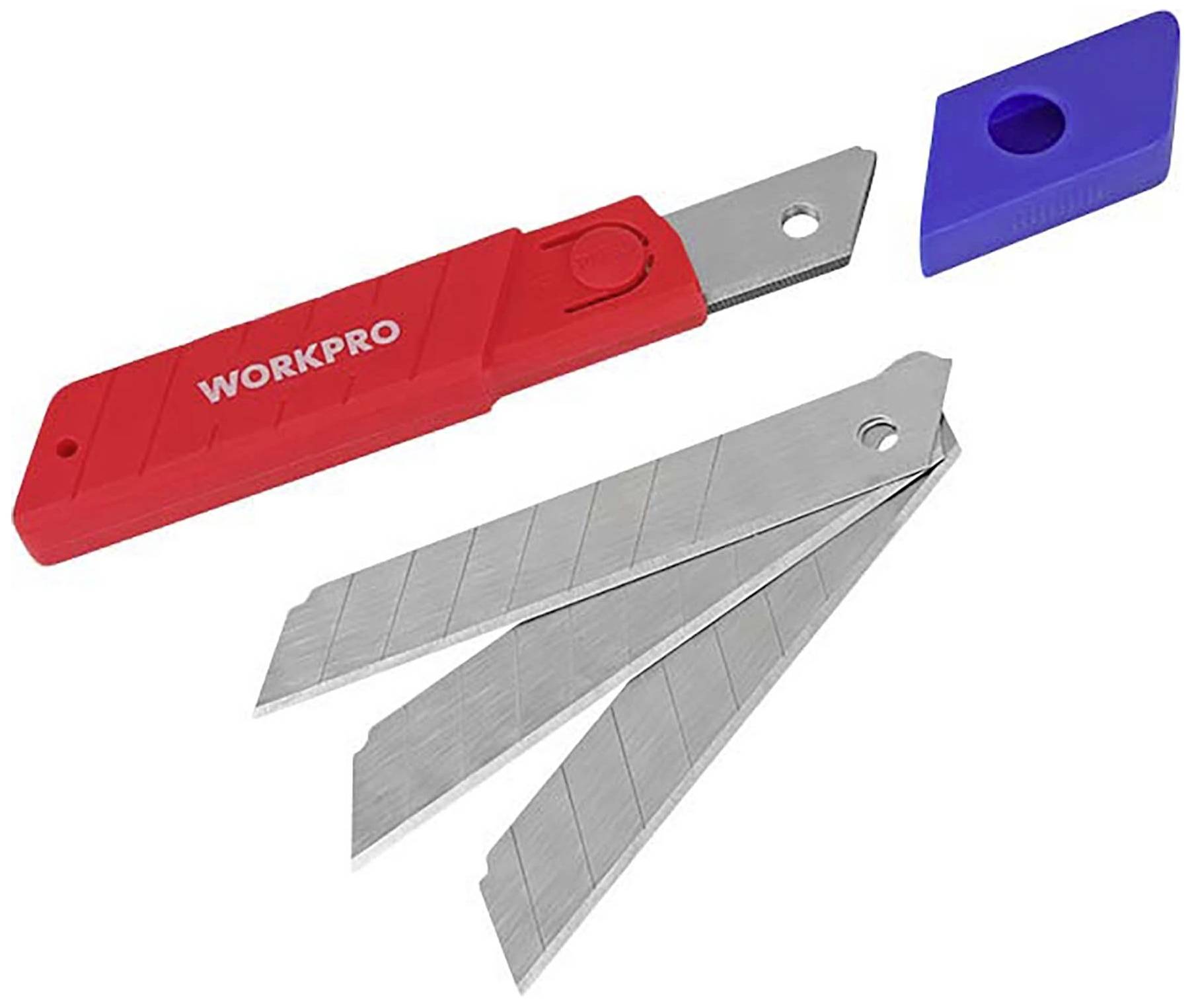 Couteau à lame rétractable rouge de Workpro avec capuchon de protection bleu et trois lames interchangeables.