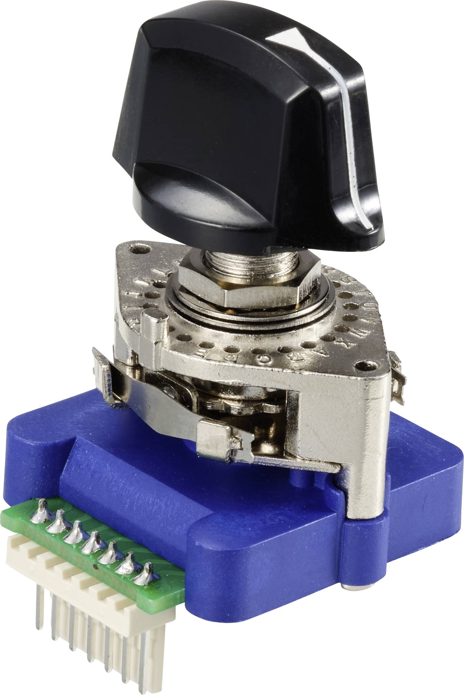 Interrupteur rotatif à bouton noir sur socle bleu, avec plusieurs connexions métalliques à sa base ; adapté pour les appareils électroniques.