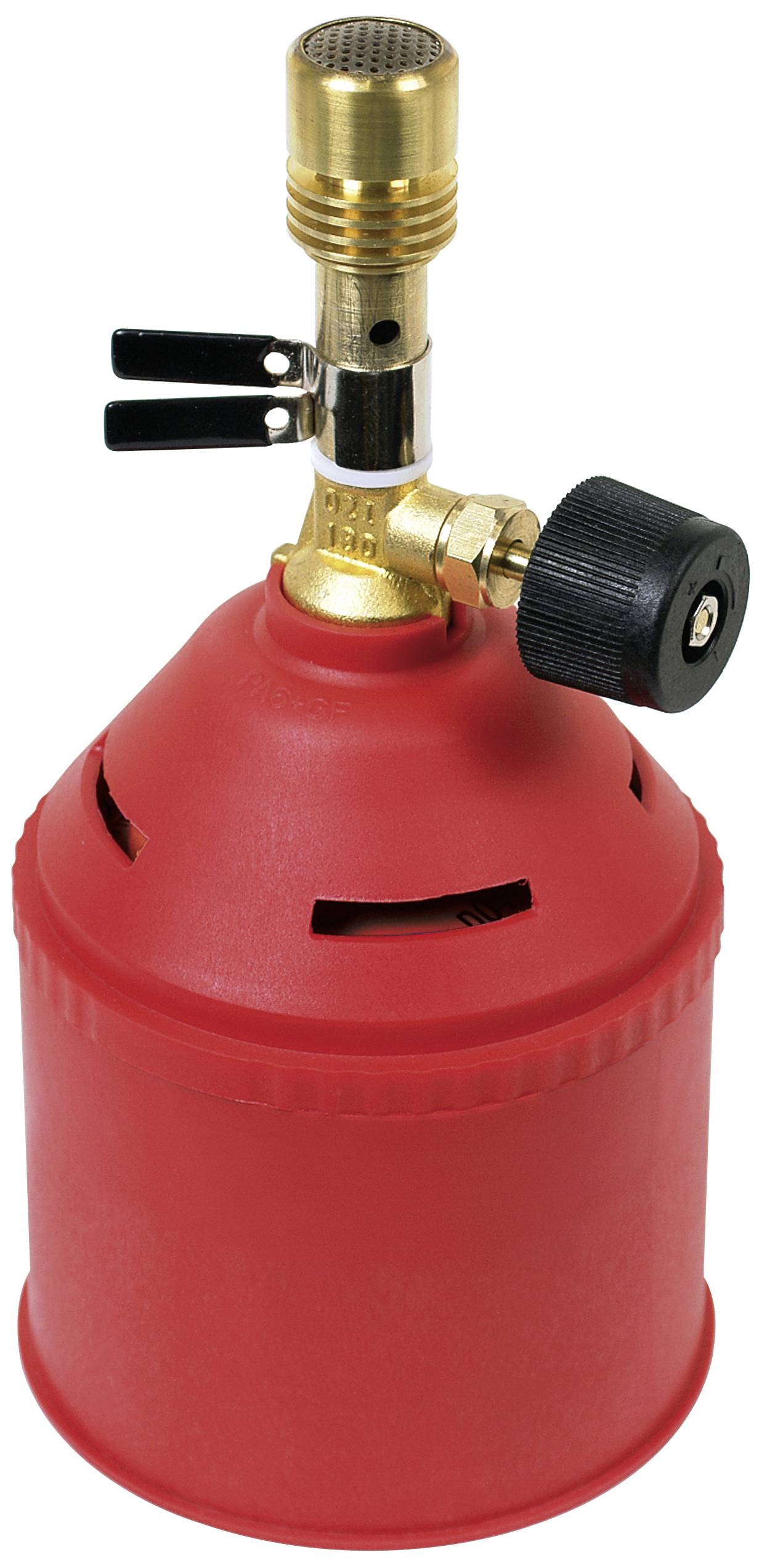 Bidon à essence rouge avec bouton de réglage noir et buse en laiton, probablement adapté pour des travaux de soudure ou des réchauds de camping.