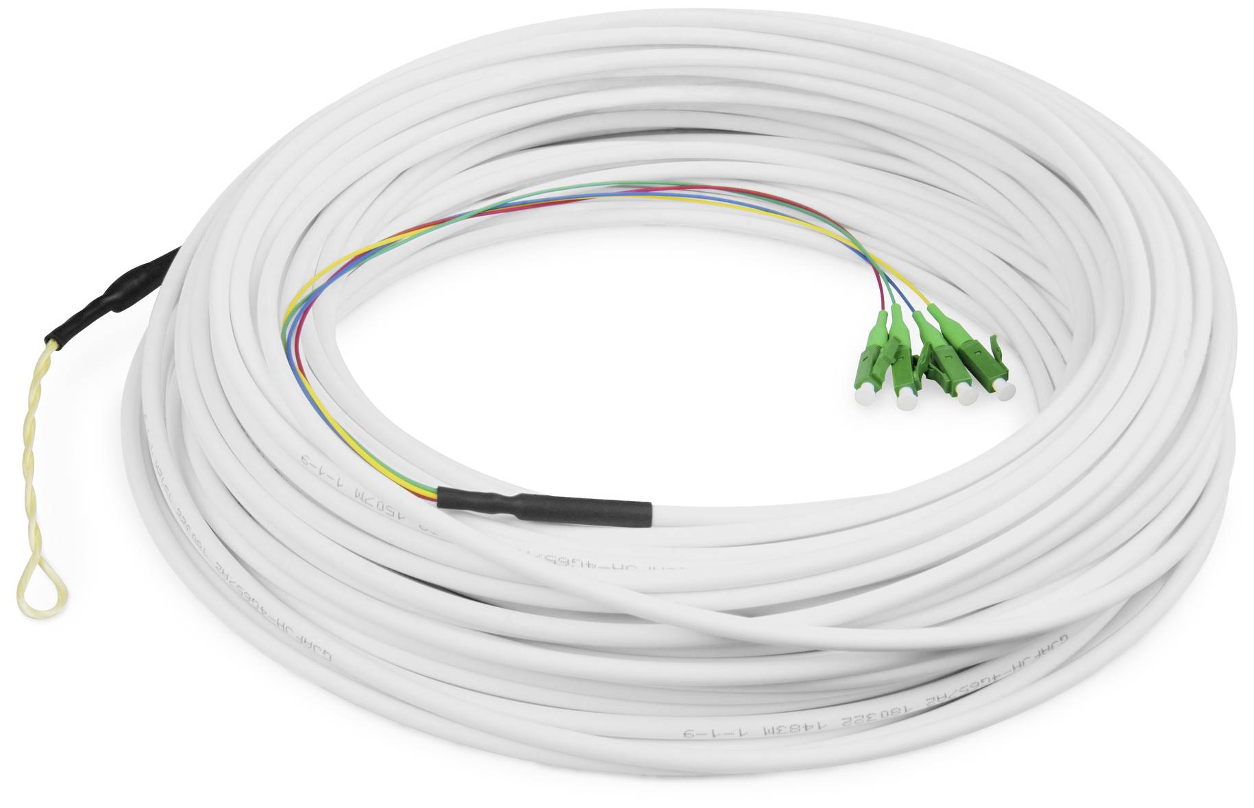 Rouleau de câble à fibre optique blanc avec câbles internes colorés et connecteurs verts. Adapté pour l'infrastructure internet ou de télécommunications.