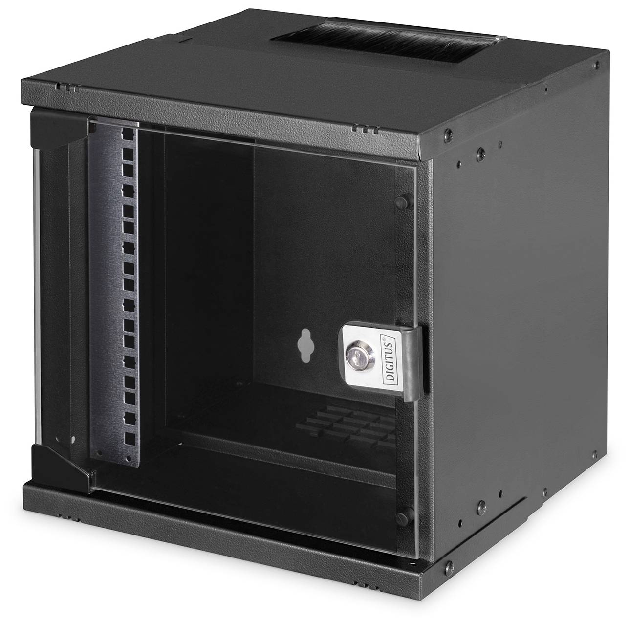 Armoire réseau noire avec façade en verre et ouvertures de ventilation latérales, adaptée au montage mural pour équipements informatiques.