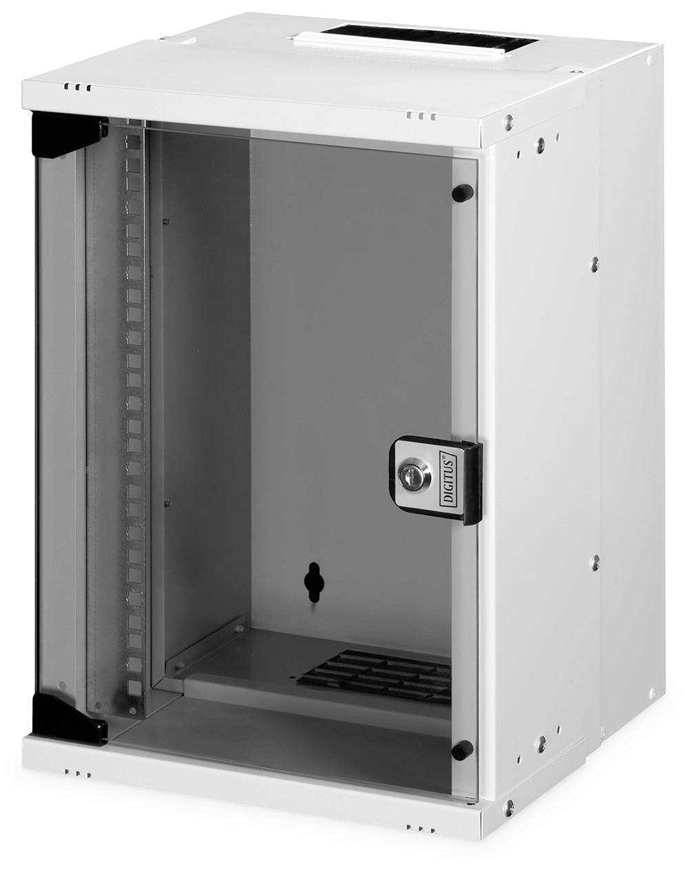 Une armoire murale vide en argent pour équipement réseau, dotée d'une porte vitrée et d'un verrou à l'avant.