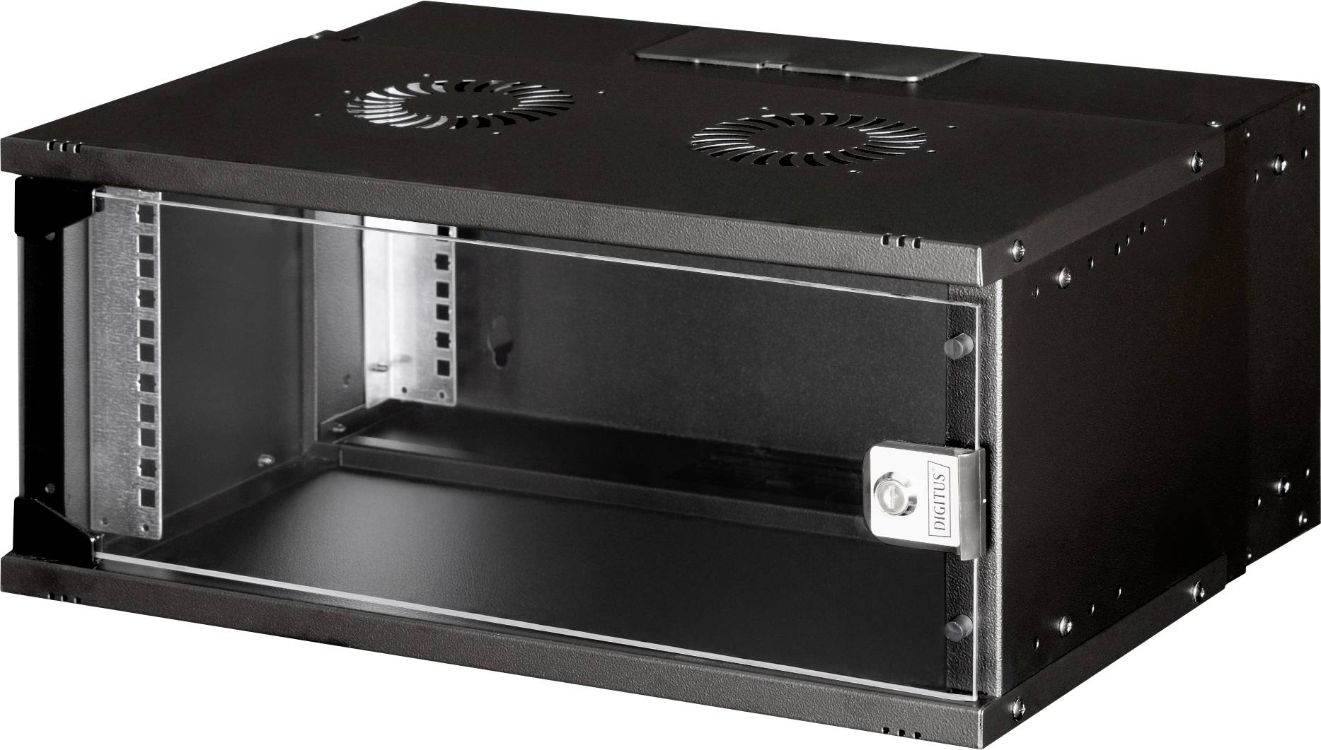Un armoire de rack noir rectangulaire avec une porte en verre et une serrure, comprenant des fentes d'aération en haut, destinée au stockage de serveurs ou d'équipements réseau.