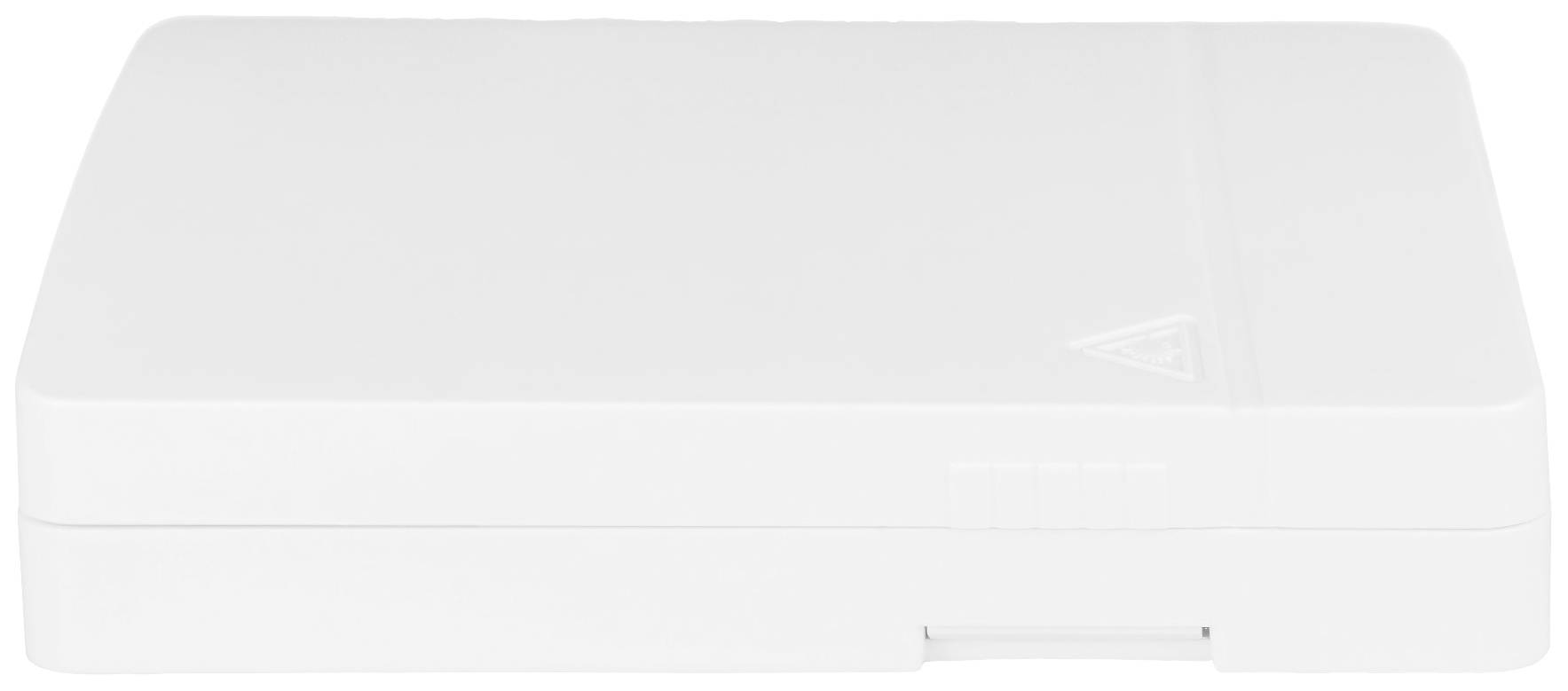 Un récipient en plastique blanc, plat et carré, au design épuré, avec un petit symbole triangulaire sur le dessus.