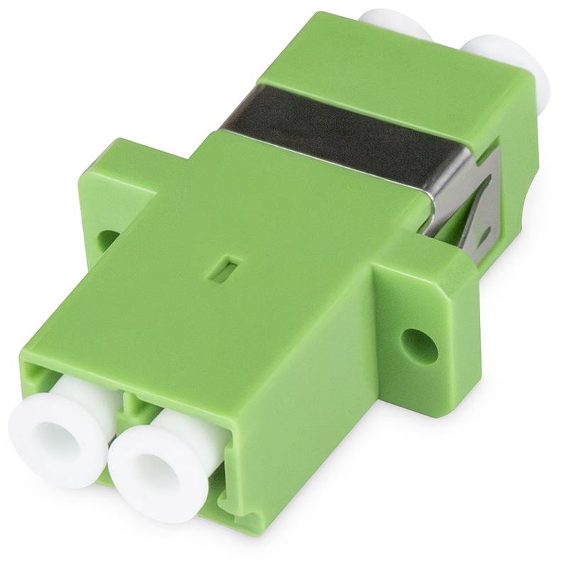 Adaptateur de fibre optique vert à deux ports, adapté aux connexions de câbles à fibre optique dans les installations réseau.