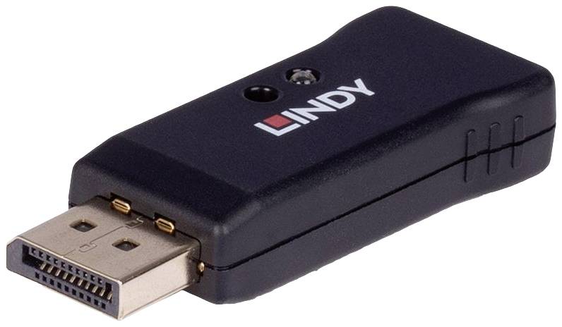Un adaptateur noir avec une fiche DisplayPort et un indicateur LED, portant l'inscription 'LINDY' sur le dessus.