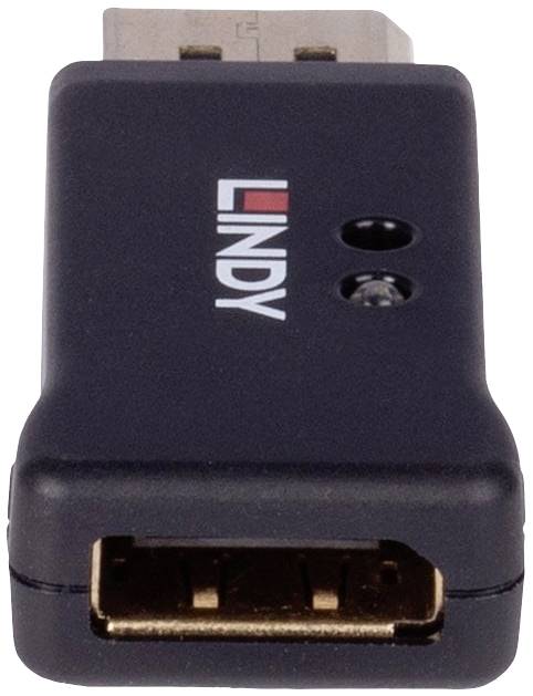 Adaptateur HDMI noir de la marque Lindy avec port HDMI femelle à l'avant et connecteur HDMI mâle en haut, design compact.