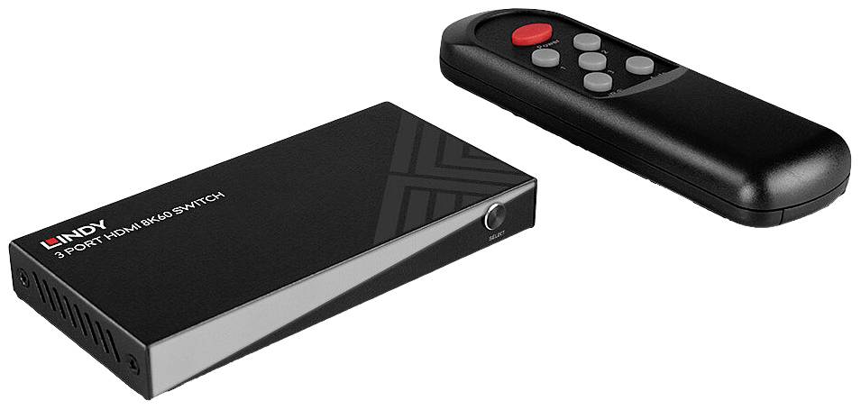 Un commutateur HDMI noir à trois ports avec télécommande. Le commutateur porte l'inscription 'Lindy Commutateur HDMI 3 ports'.