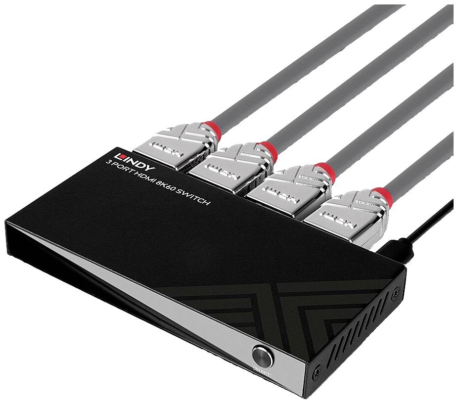 Un commutateur HDMI avec quatre câbles HDMI connectés, capable de basculer entre plusieurs sources vidéo sur un seul écran.