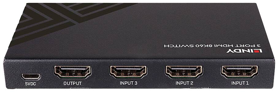 Un commutateur HDMI noir portant l'inscription 'LINDY', doté d'une sortie et de trois entrées, adapté pour la transmission vidéo 4K60.