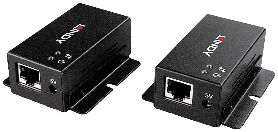 Deux prolongateurs VGA noir Lindy sur Cat5 avec des connexions pour câbles réseau et alimentation électrique. Ils permettent de prolonger les signaux VGA via des câbles réseau.