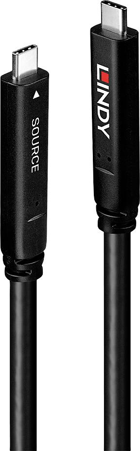 Deux câbles USB-C noirs portant les inscriptions « SOURCE » et « LINDY », adaptés pour le transfert de données et l'alimentation électrique.