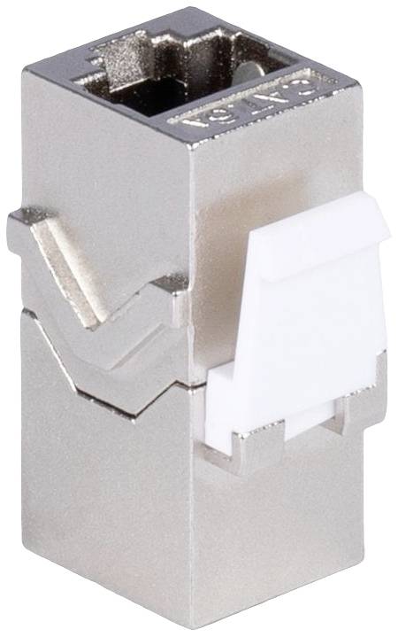 Module Keystone métallique en gros plan, montrant la zone de connexion et un clip de verrouillage blanc pour les connexions réseau.