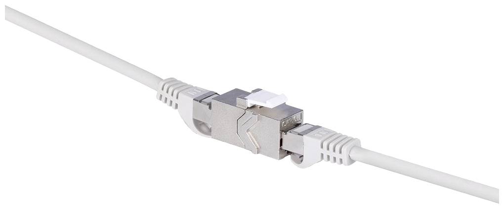 Un câble réseau blanc avec une prise métallique au centre, illustrant la transmission de signaux dans un contexte technique.