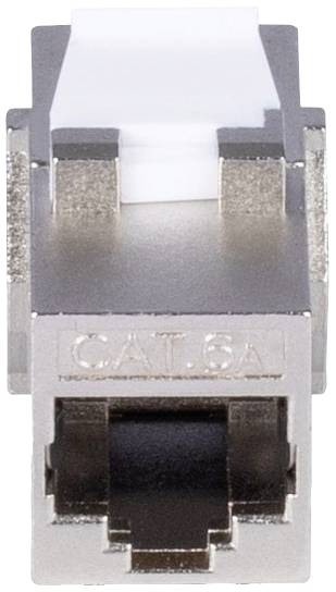 Connecteur réseau CAT.6A vu de face. Boîtier argenté avec insert blanc, adapté pour les transmissions de données à haute vitesse.