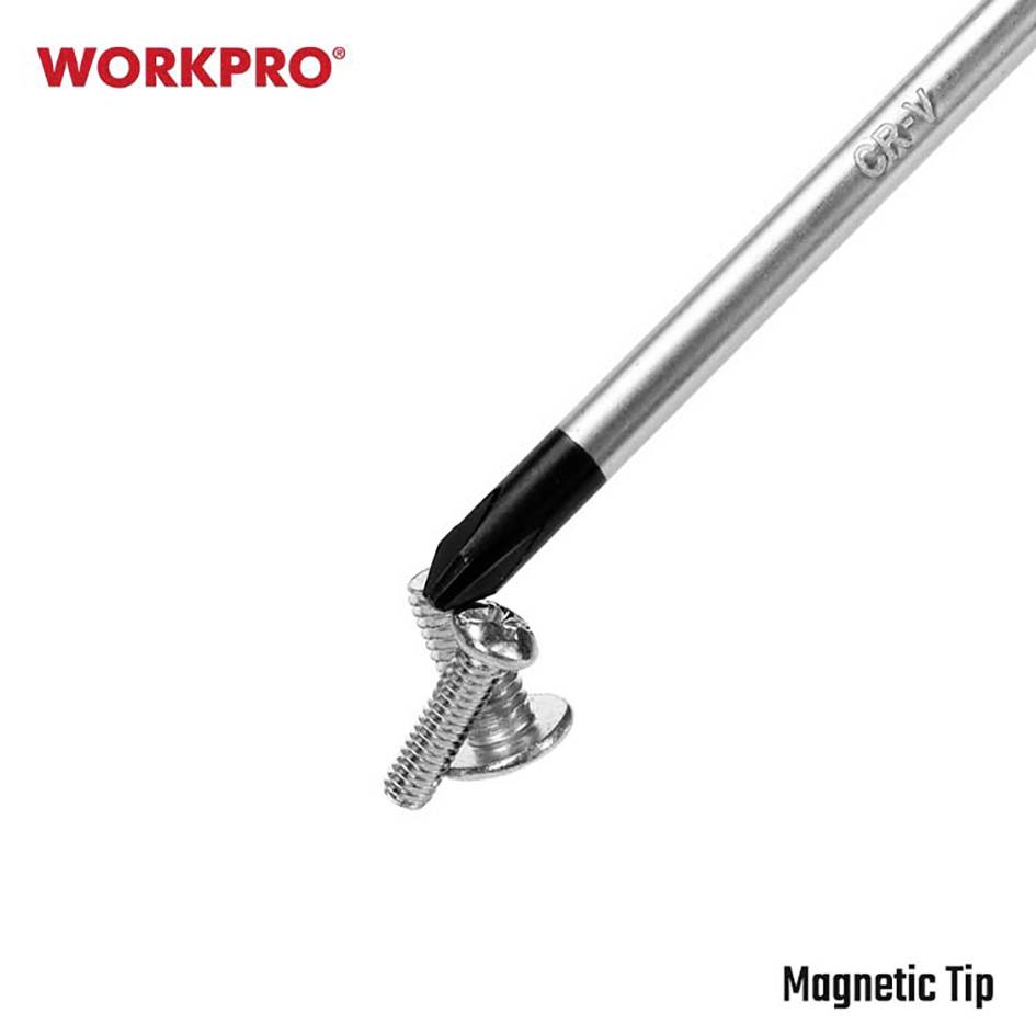Un tournevis argenté à pointe magnétique tient une vis. Le logo 'WORKPRO' est situé en haut à gauche, et 'Magnetic Tip' en bas à droite.