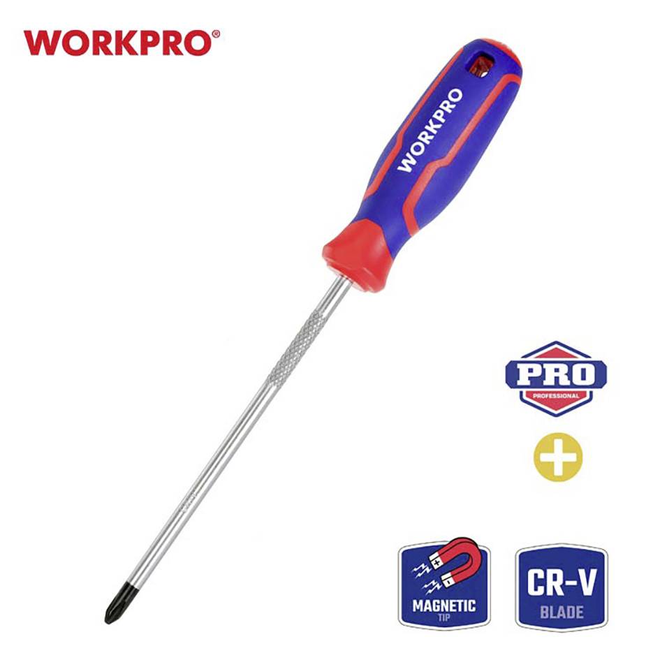 Tournevis avec poignée en caoutchouc bleu et rouge et embout magnétique. Nom de marque 'WORKPRO' visible sur la poignée.