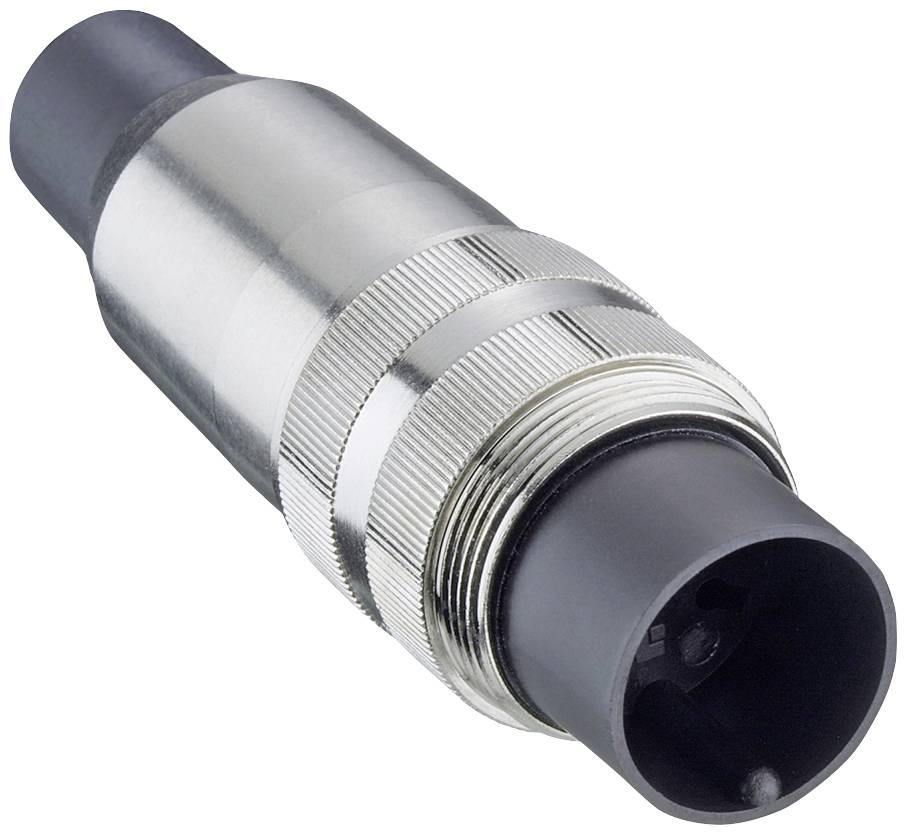 Un connecteur rond métallique avec embout en plastique noir, adapté aux applications industrielles pour des connexions électriques sécurisées.