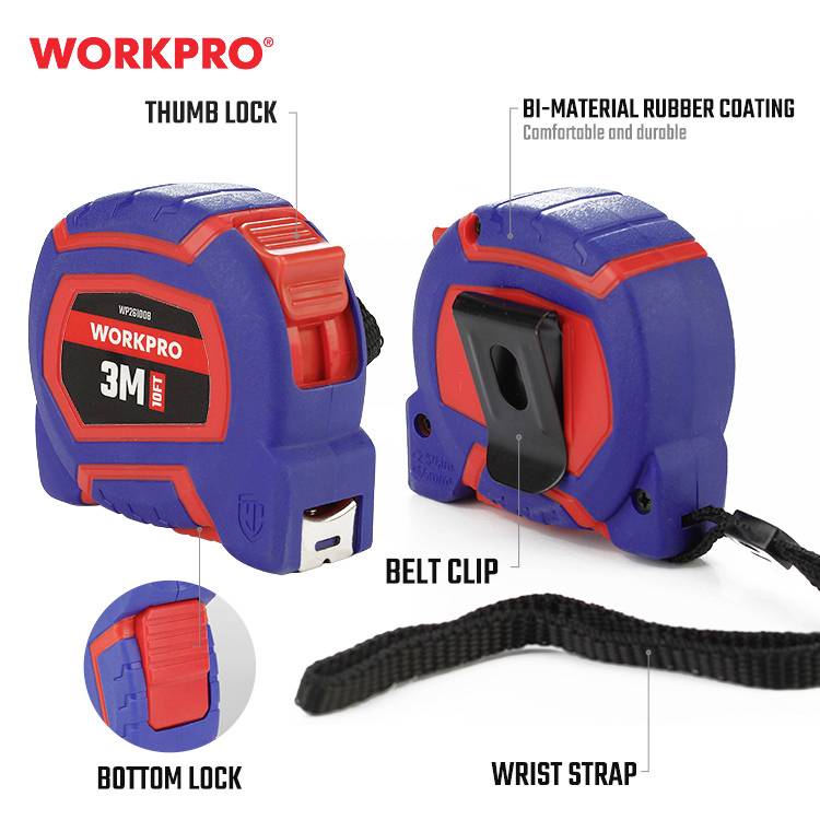 Ruban à mesurer WORKPRO bleu avec logo rouge, longueur de 3 mètres. Il dispose d'un verrou à pouce, d'un clip de ceinture et d'une lanière de poignet.