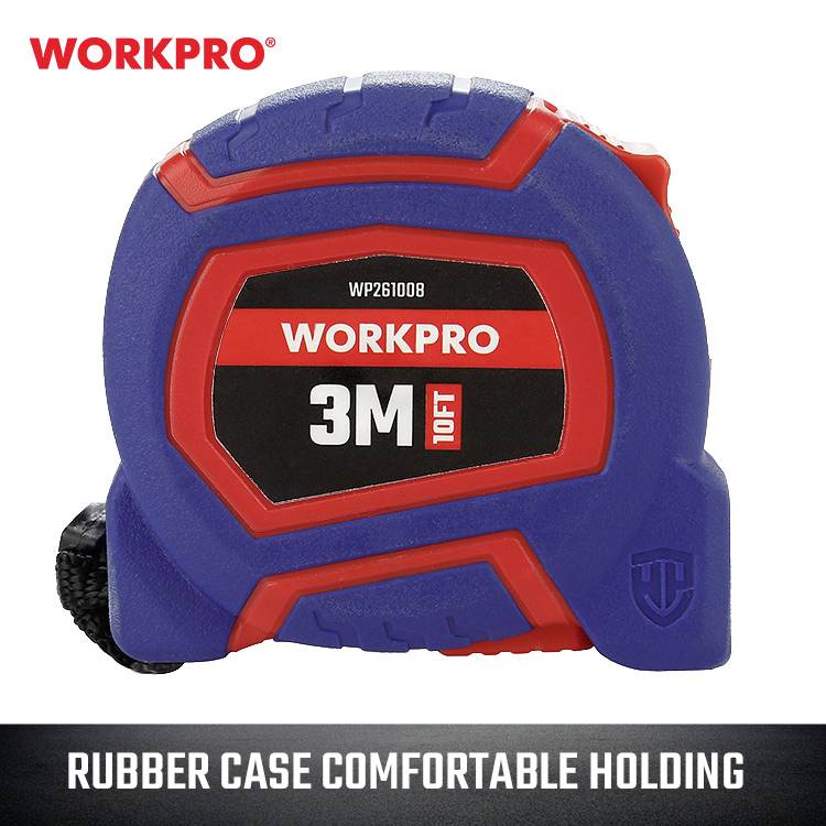 Un mètre ruban bleu et rouge portant l'inscription 'WORKPRO 3M 10FT'. En dessous, il est écrit 'Boîtier en caoutchouc, confortable à tenir'.