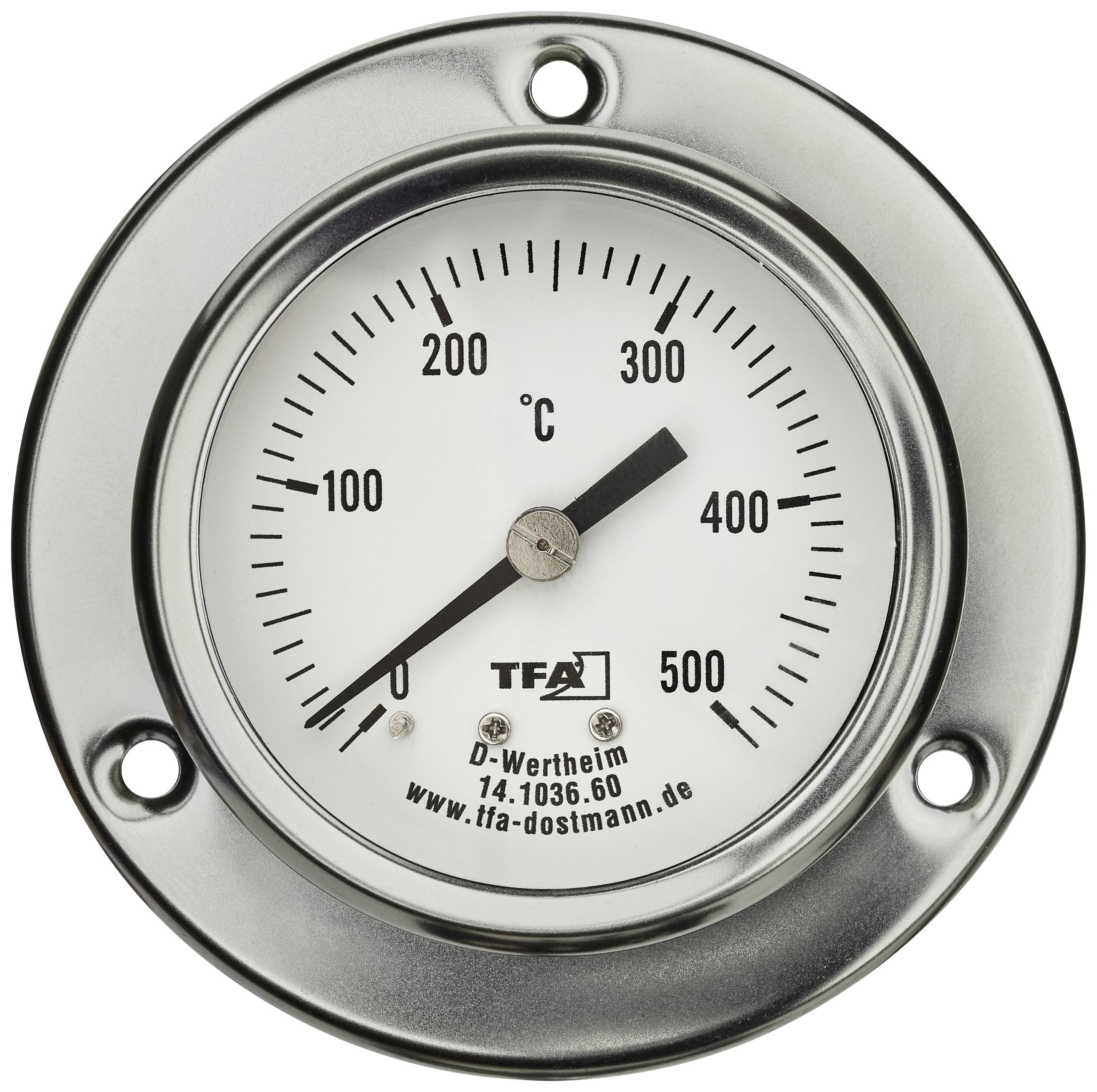 Un thermomètre métallique circulaire indique une température d'environ 180°C. Il a une plage de mesure de 0 à 500°C.