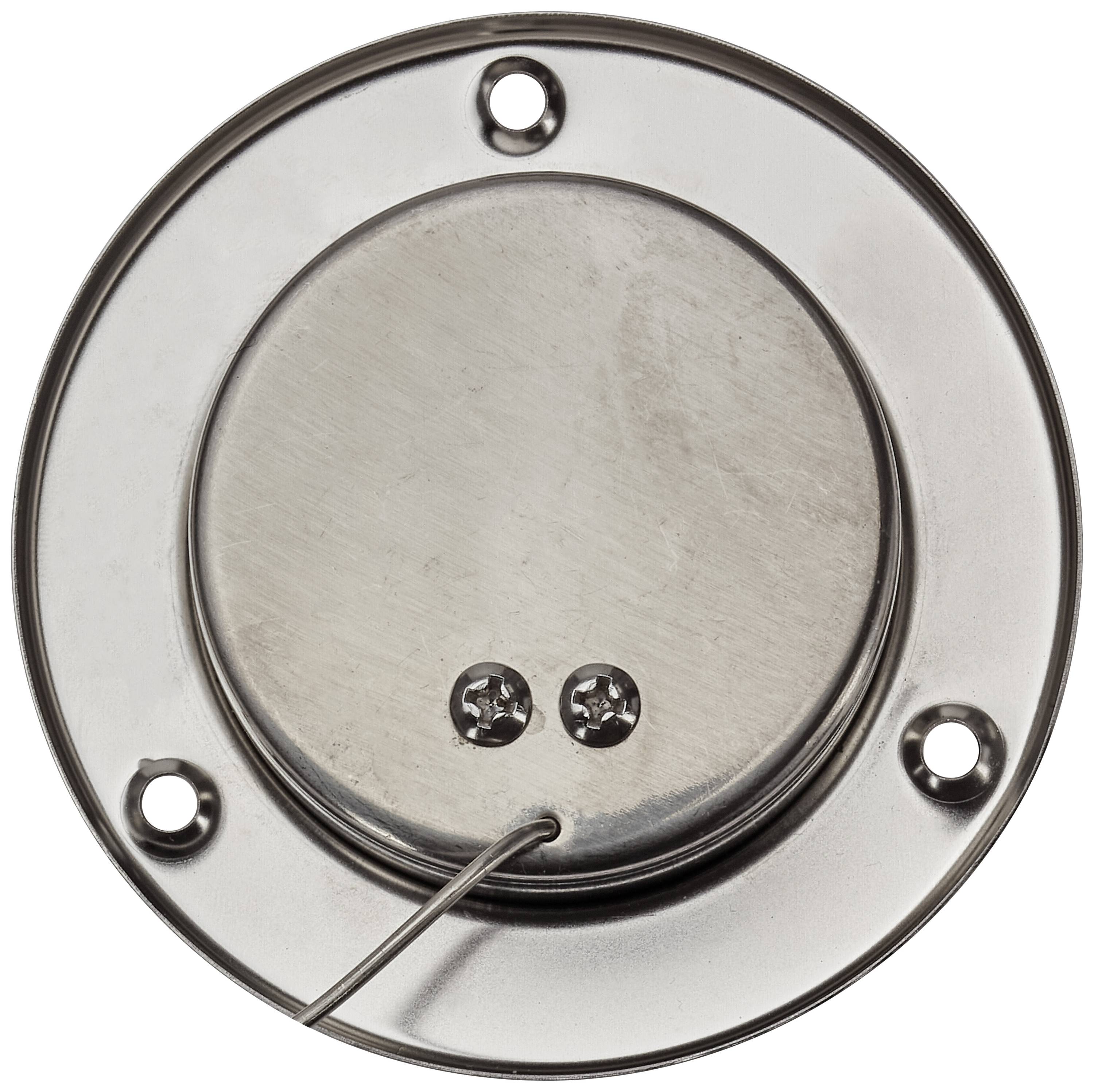 'Arrière d'un haut-parleur buzzer métallique rond avec connexion de câble. Quatre trous de montage visibles sur le bord.'