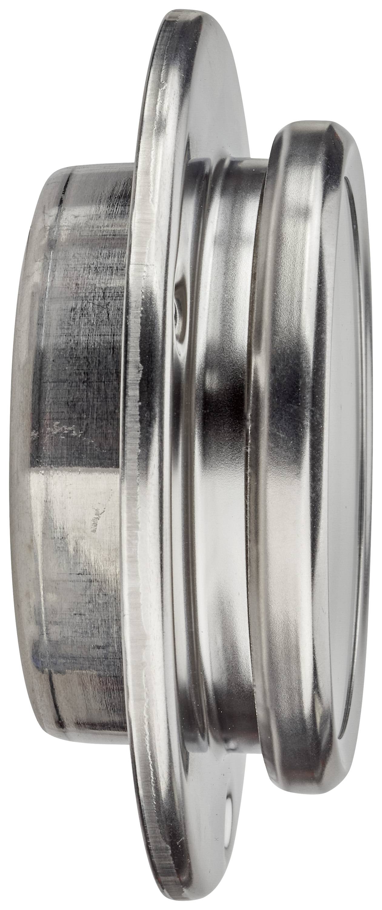 Une douille à bride en métal argenté de forme circulaire, vue de côté. Elle présente une surface brillante avec deux trous de fixation.
