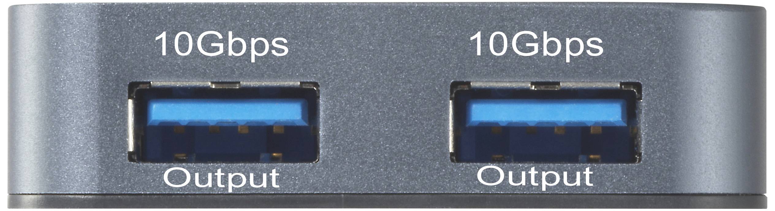 Deux ports USB avec sortie de 10 Gbps sur un boîtier métallique.