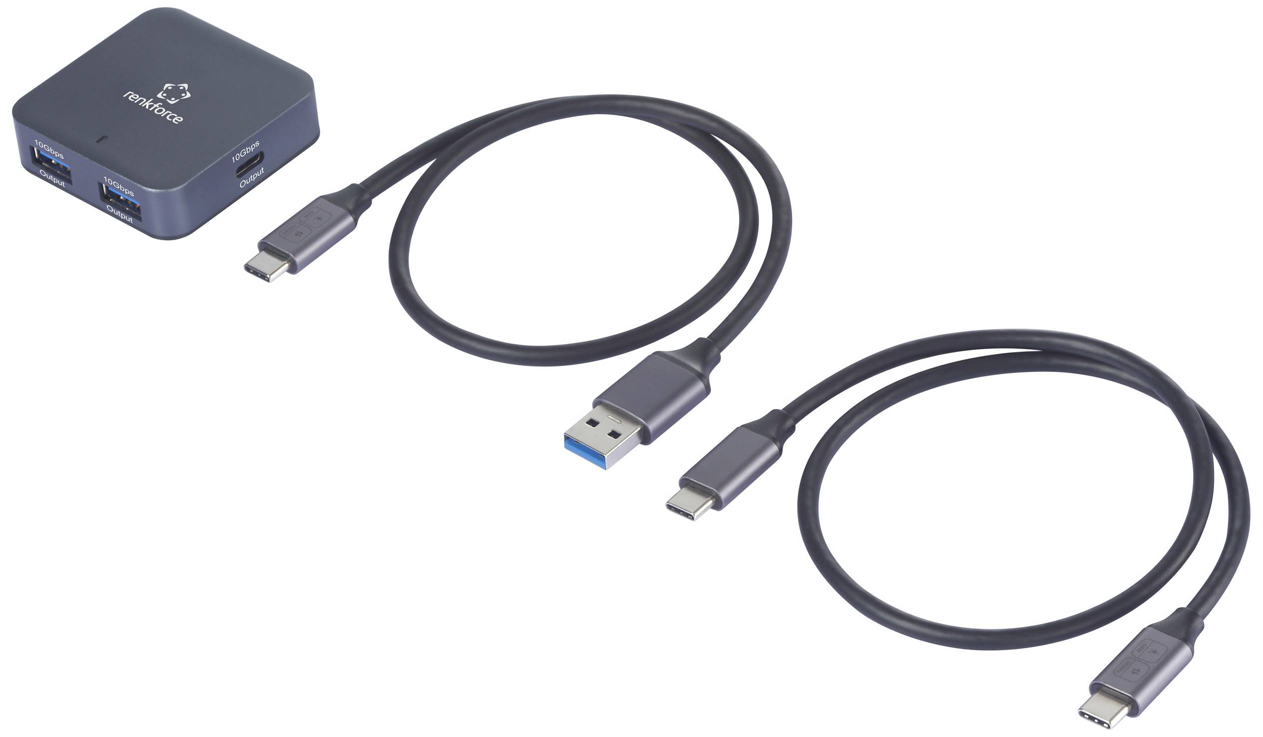 Hub USB-C avec deux ports USB et deux câbles amovibles, l'un équipé d'une fiche USB-A, l'autre de fiches USB-C.