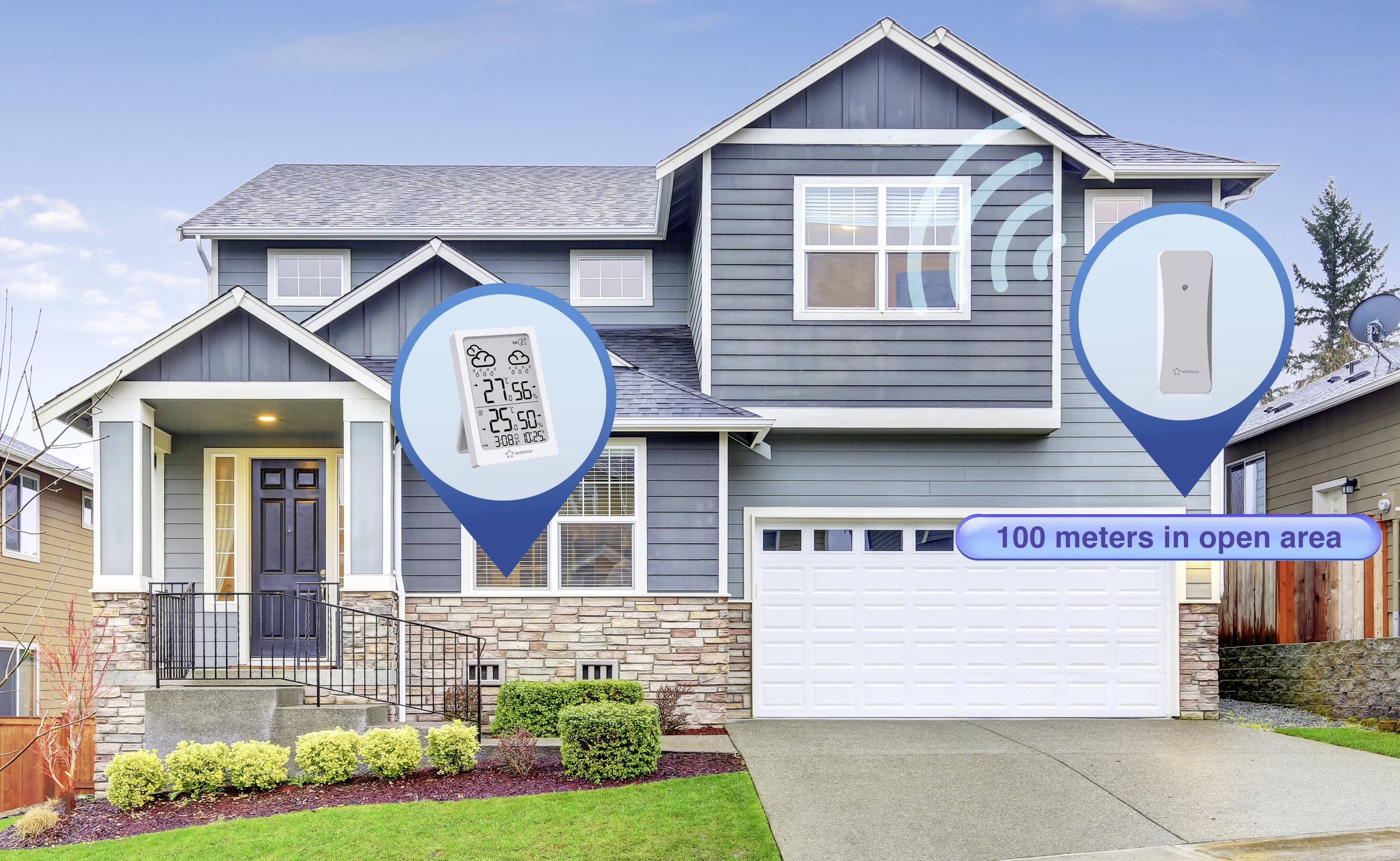 Maison moderne à deux étages avec un thermomètre intelligent et un capteur ; la portée sans fil de 100 mètres en extérieur est mise en avant.