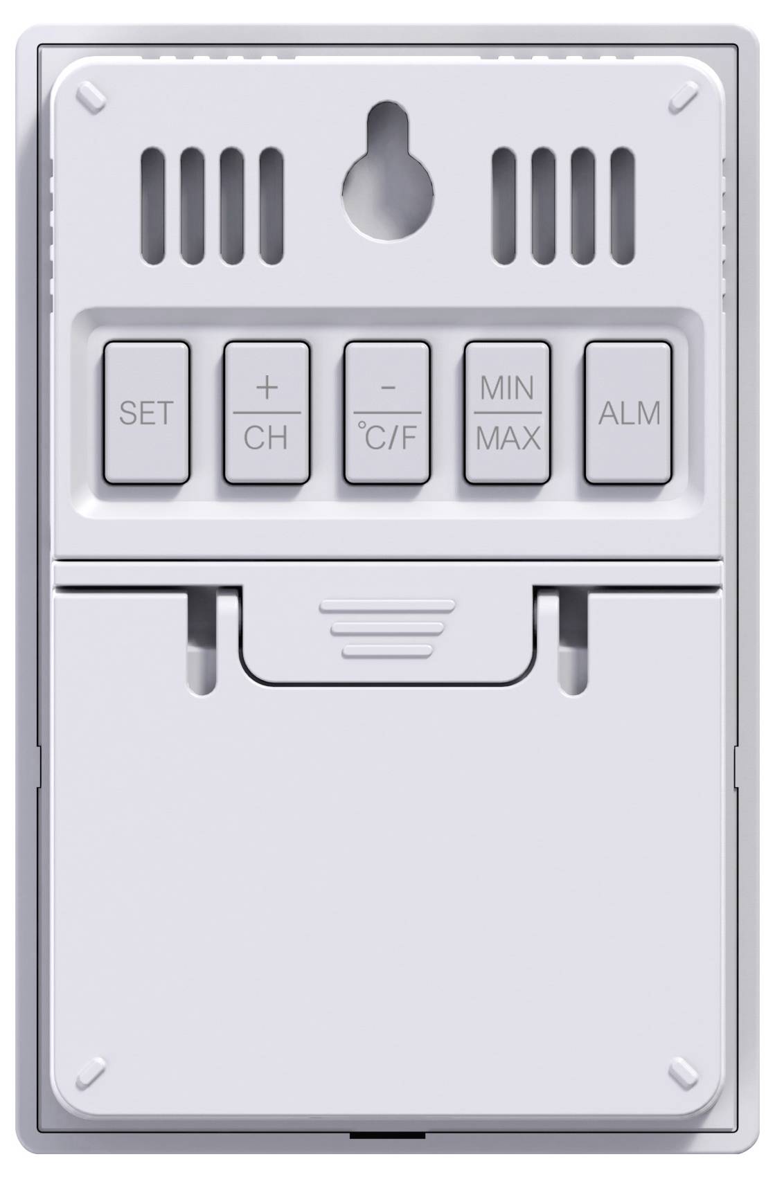 Une station météorologique blanche avec des touches : 'SET', '+', 'CH', '°C/°F', 'MIN MAX' et 'ALM', ainsi que des fentes de ventilation en haut.