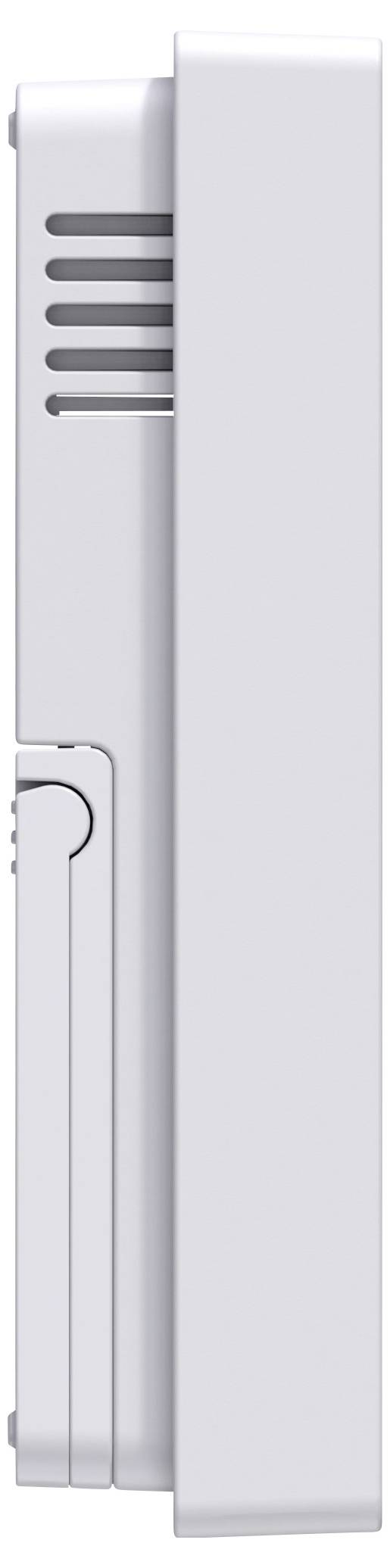 Vue latérale d'un appareil électronique blanc rectangulaire avec des orifices de ventilation en haut.