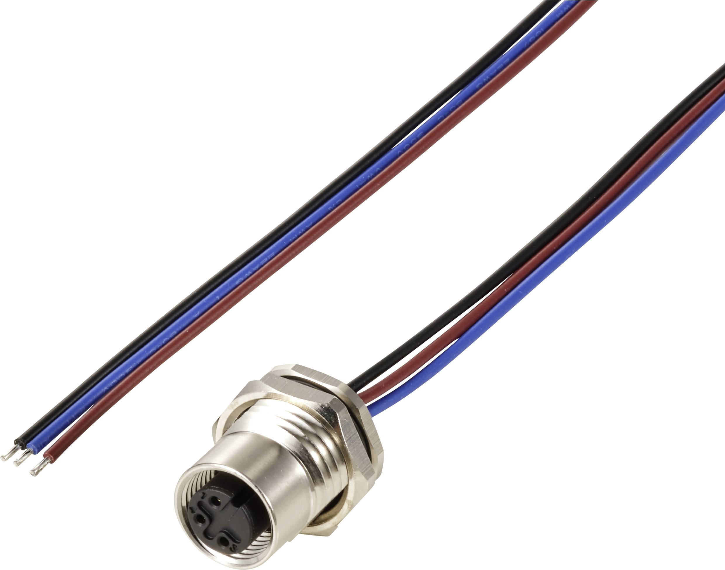 « Un boîtier métallique rond avec quatre câbles de couleurs : rouge, bleu, marron et noir, indiquant un connecteur. »