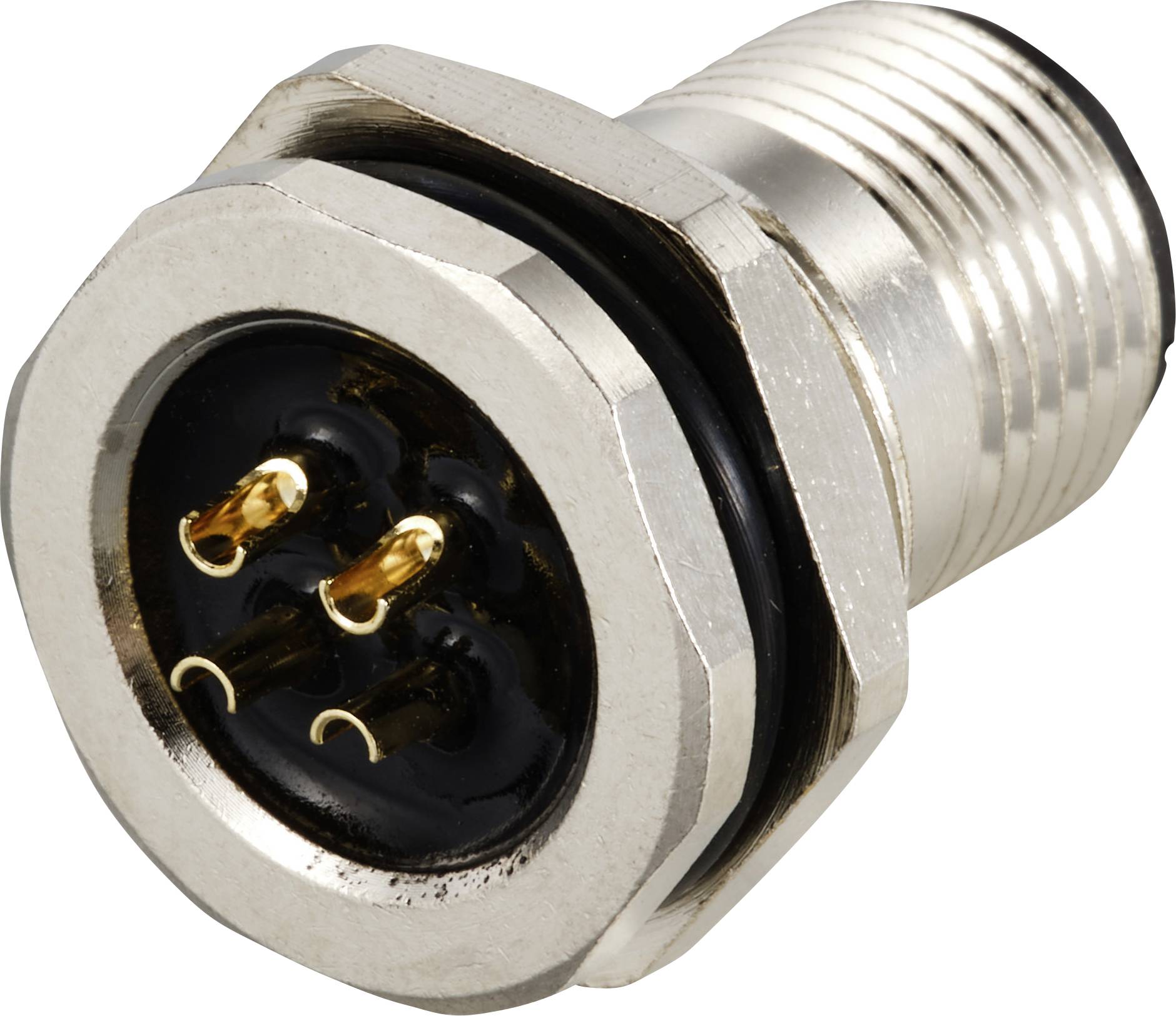 Un connecteur électrique circulaire avec trois contacts dorés et un boîtier métallique hexagonal pour la fixation.