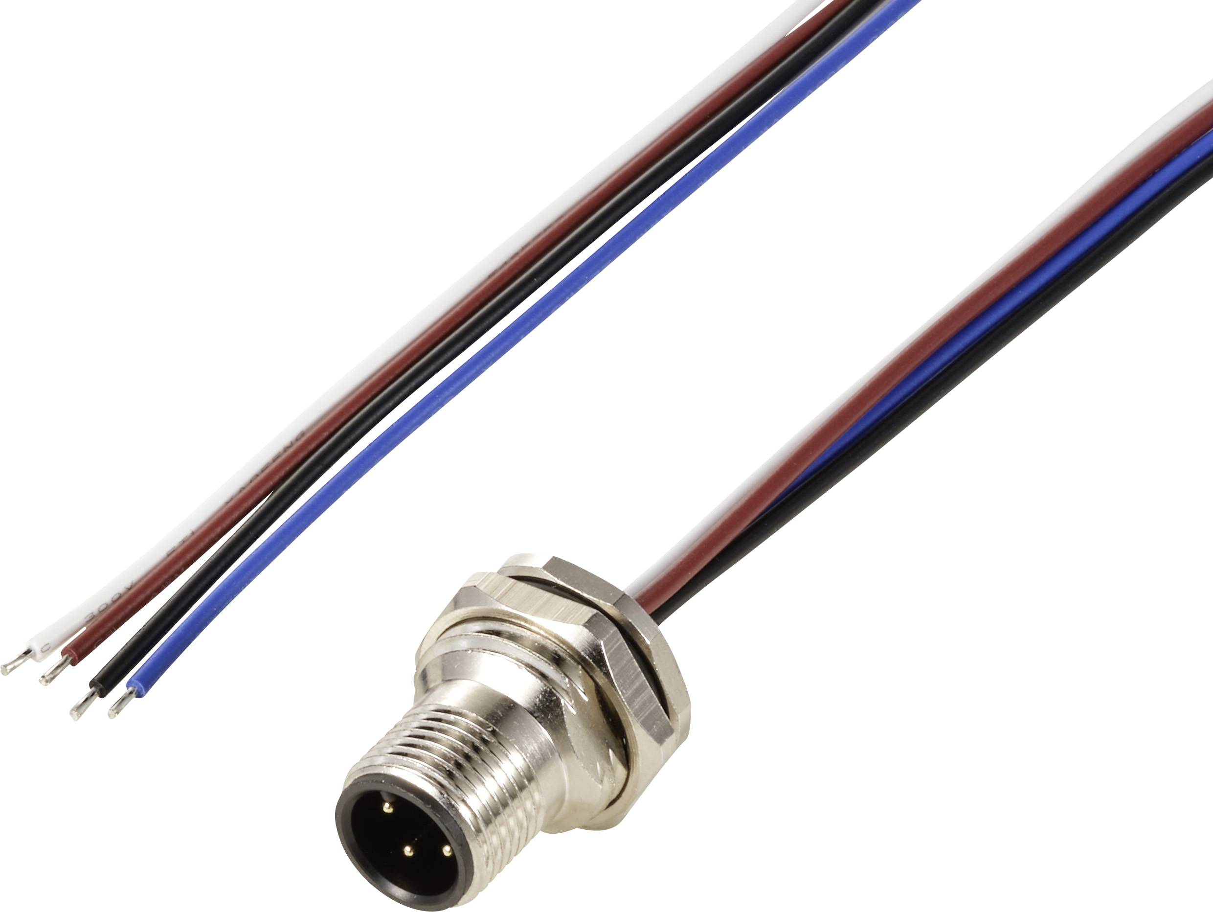 Connecteur de capteur métallique avec quatre fils codés par couleur : rouge, bleu, noir et blanc.