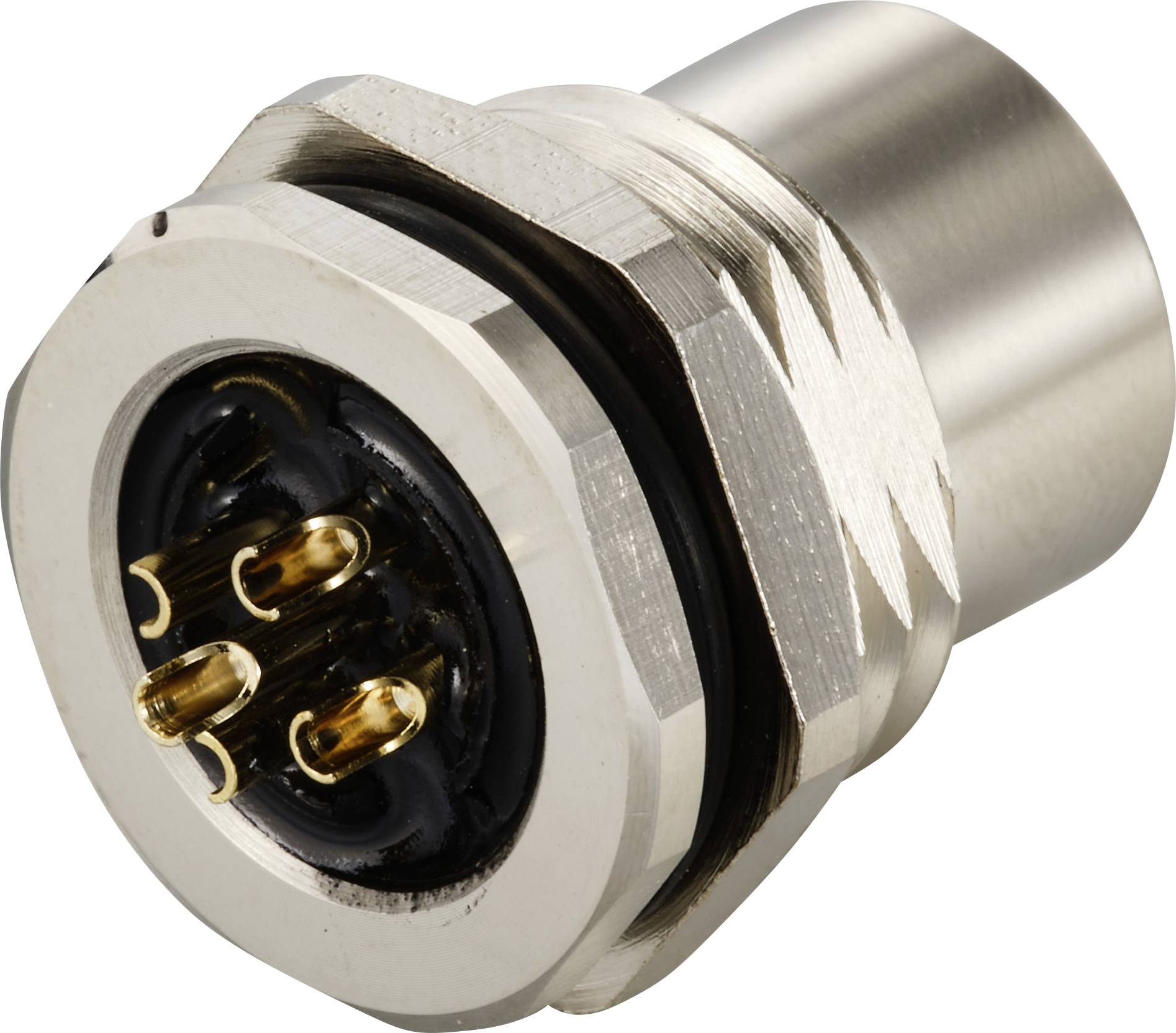 Connecteur métallique à trois broches dorées, adapté aux applications industrielles.