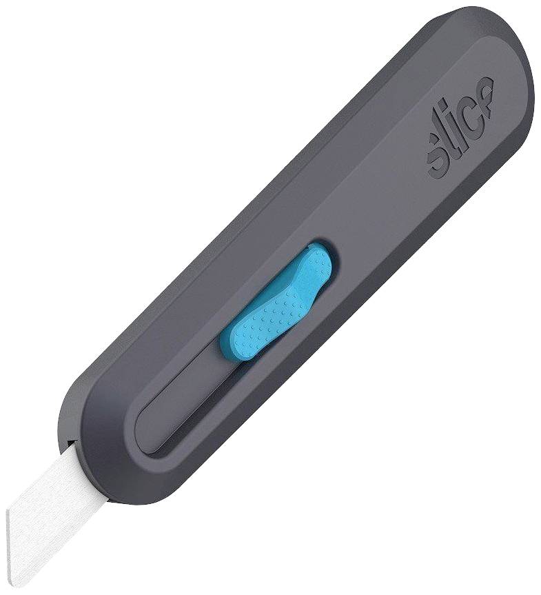 Un couteau de sécurité gris de la marque 'Slice', doté d'une lame bleue et d'un curseur de réglage, conçu pour des coupes précises.