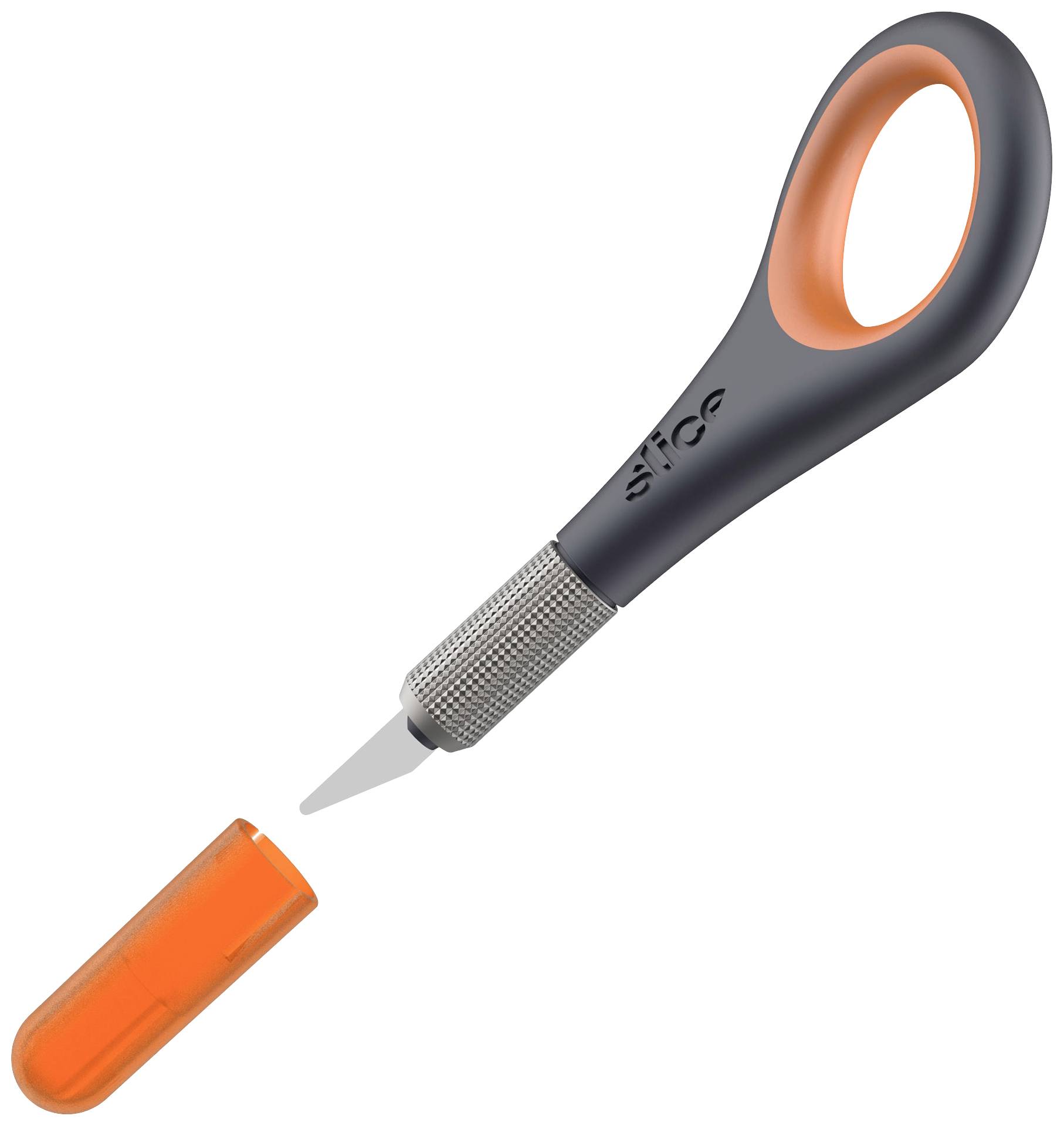 Un couteau de précision noir et orange avec une lame arrondie et un capuchon de protection amovible, adapté aux travaux de coupe délicats.