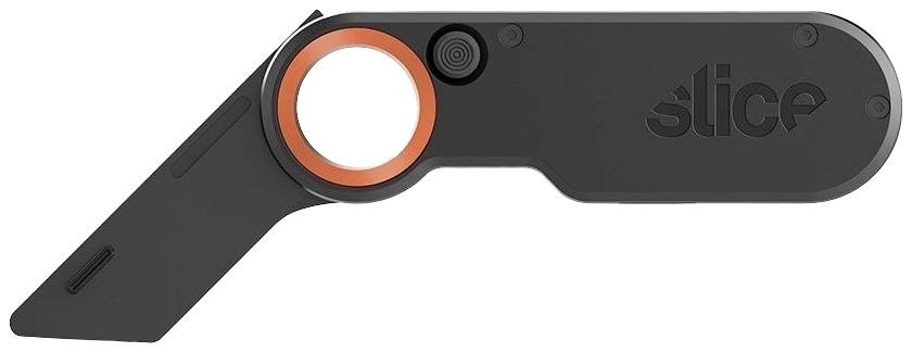 Un coupe-carton de sécurité noir avec un anneau orange et une lame rétractable. Adapté pour couper des emballages.