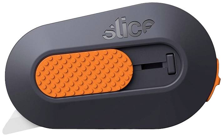 Couteau manuel de coupe de plastique avec surface de poignée en caoutchouc orange, curseur et lame pliante. Nom de marque 'Slice' gravé.