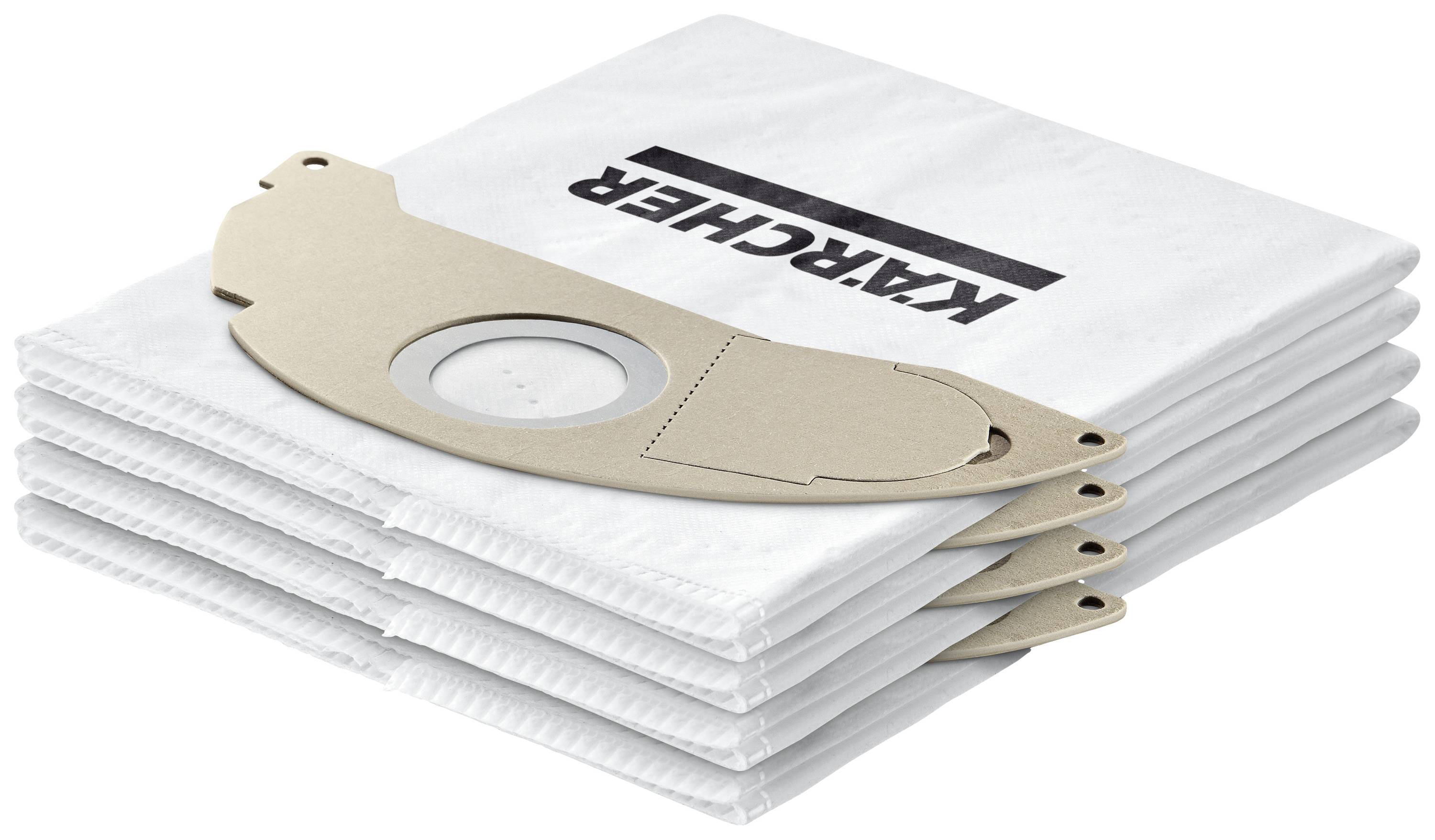 Une pile de cinq sacs d'aspirateur blancs avec des ouvertures rondes, portant l'inscription 'Kärcher' en noir.