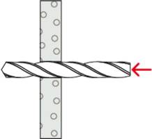 Diagram of a drill bit screwed halfway through a sheet of material with a red arrow indicating the forward direction of the drill.