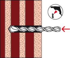 A drill bit going through a wall with a red arrow indicating direction. Inset shows a drill positioning.