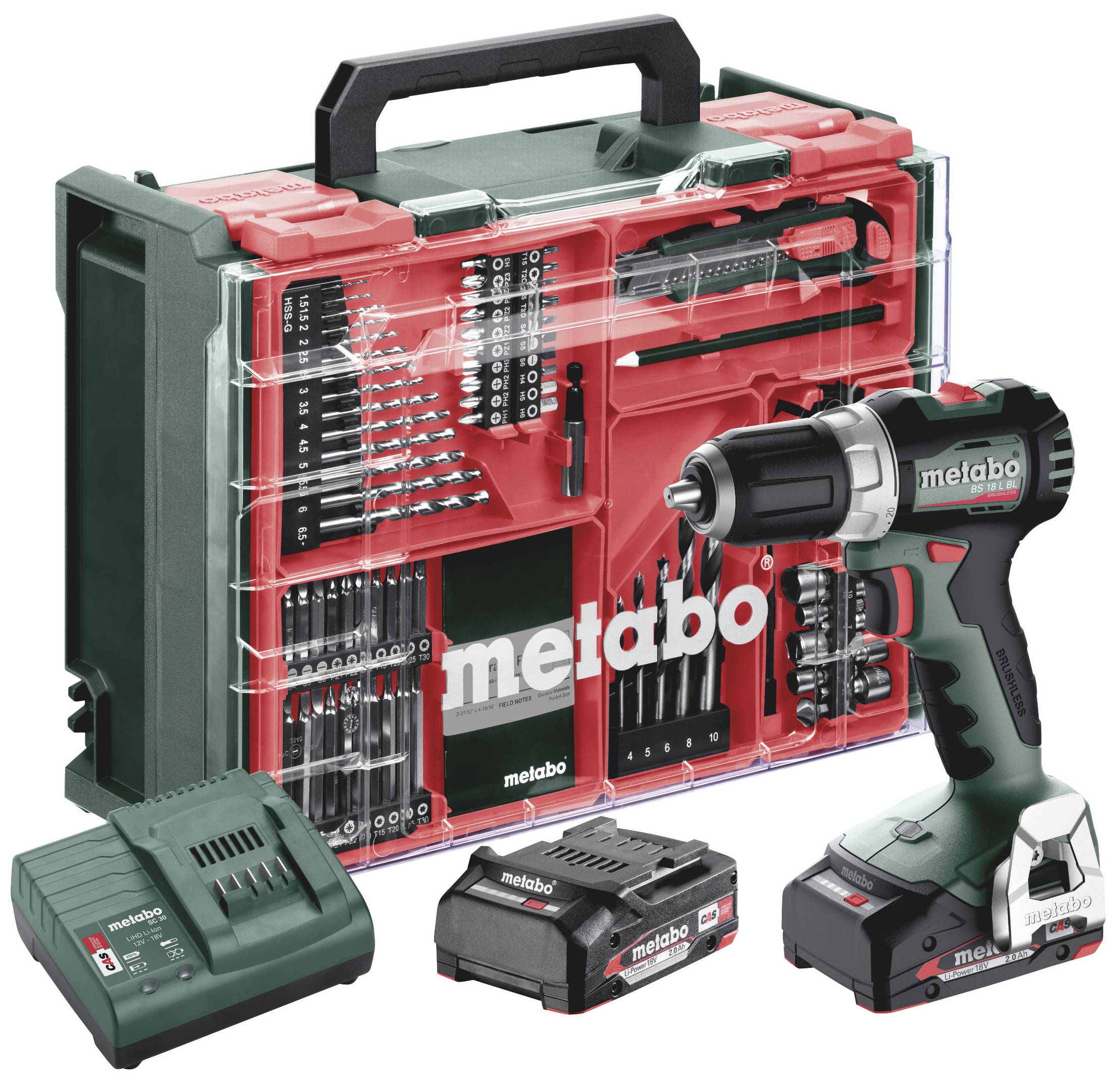 Un ensemble de visseuse-perceuse Metabo avec perceuse verte, boîte à outils rouge, batteries et chargeur ; adapté pour percer et visser.