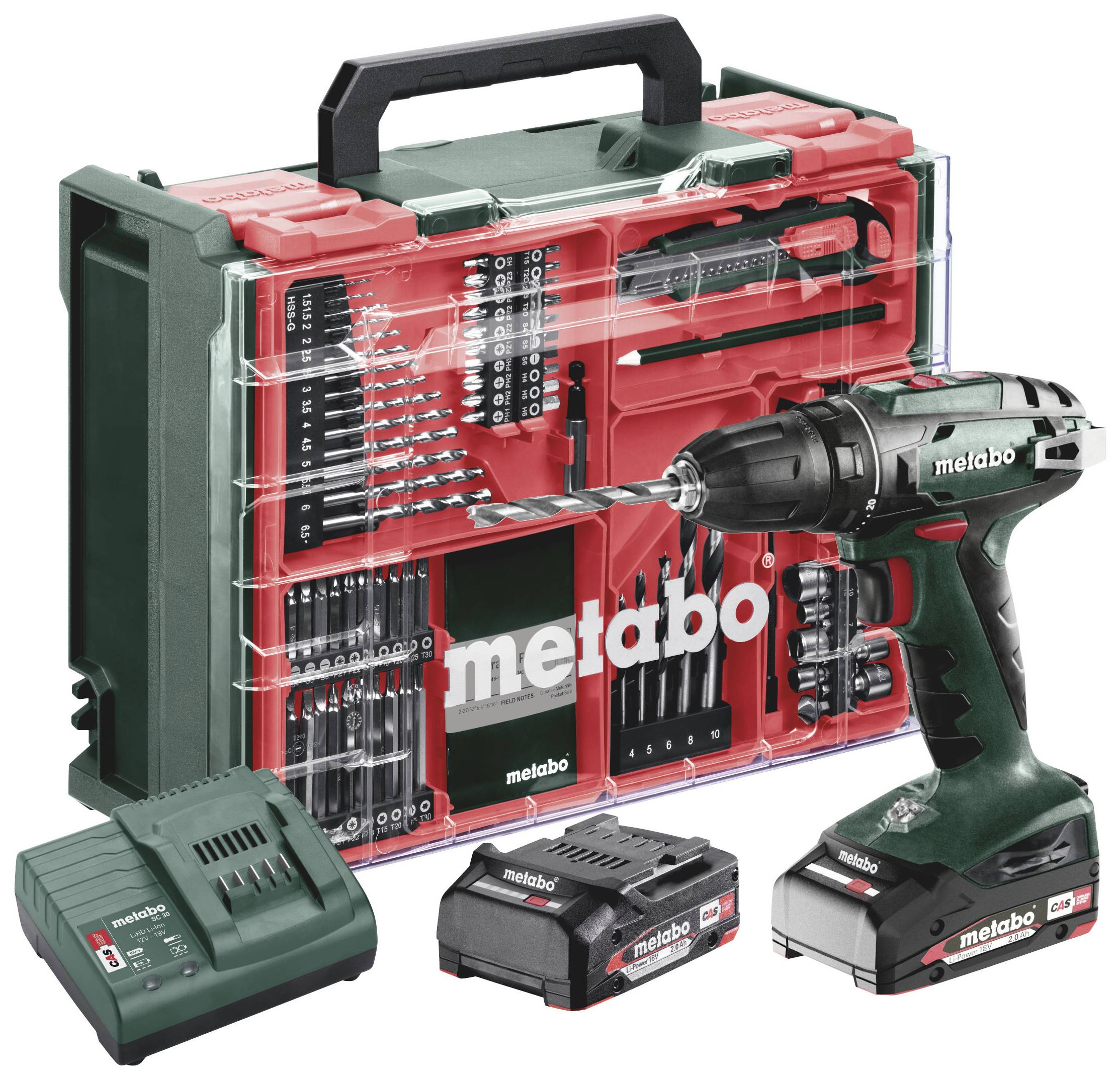 Coffret de visseuse sans fil Metabo avec chargeur, deux batteries et assortiment de forets et d'embouts dans un coffret à outils portable.