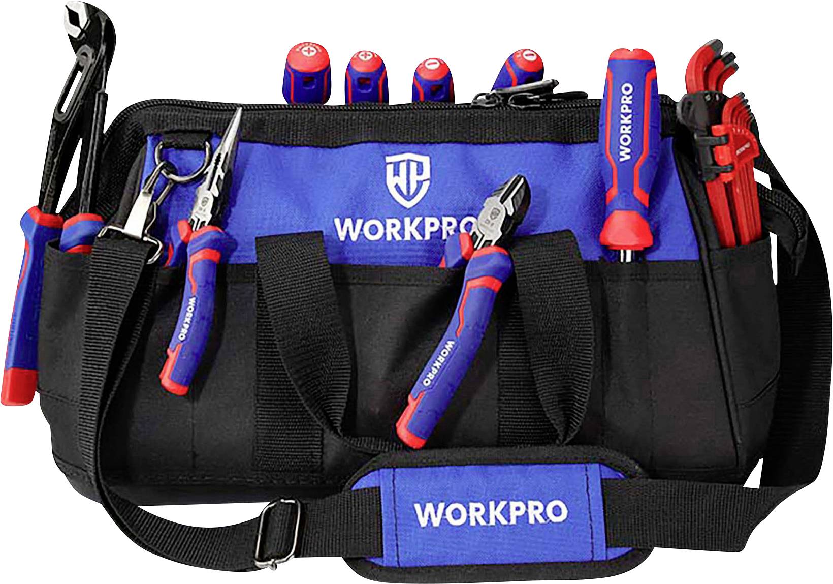 Trousse à outils WORKPRO contenant divers instruments tels que des pinces, des tournevis et une clé à tube.