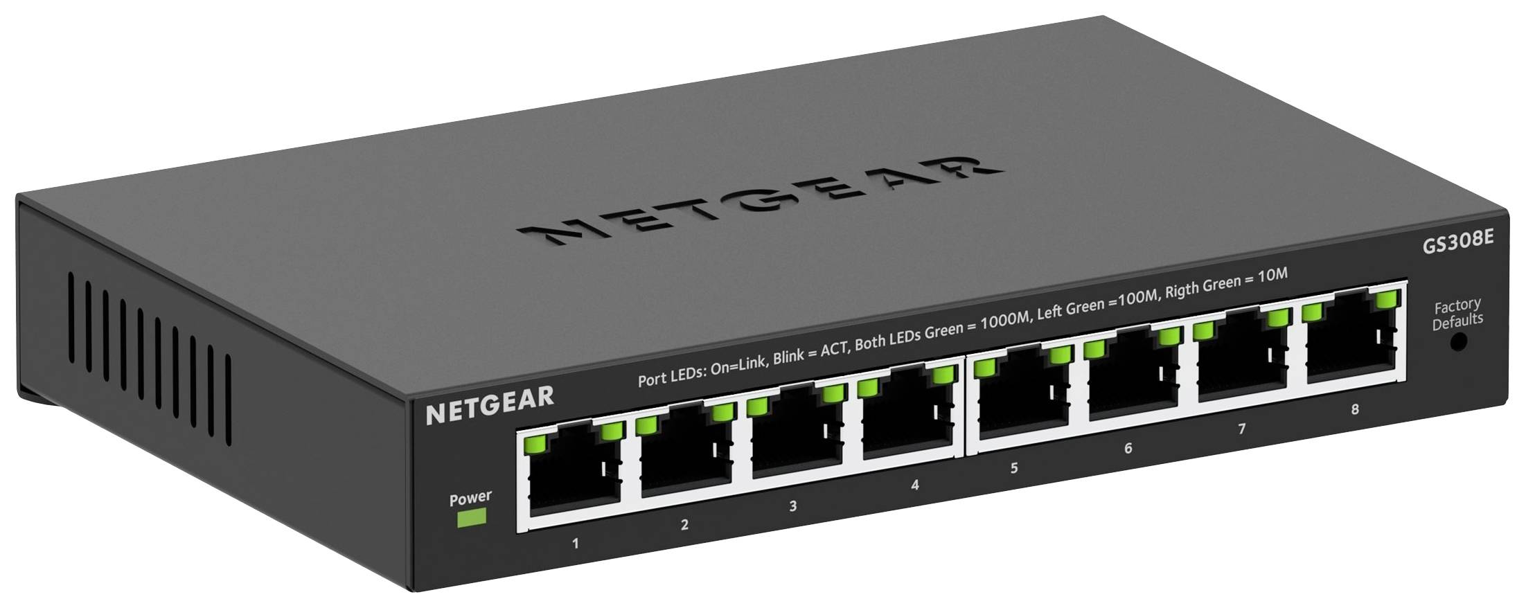 Commutateur réseau à huit ports Ethernet de Netgear, modèle GS308E, adapté aux connexions réseau filaires dans les environnements domestiques ou de bureau.
