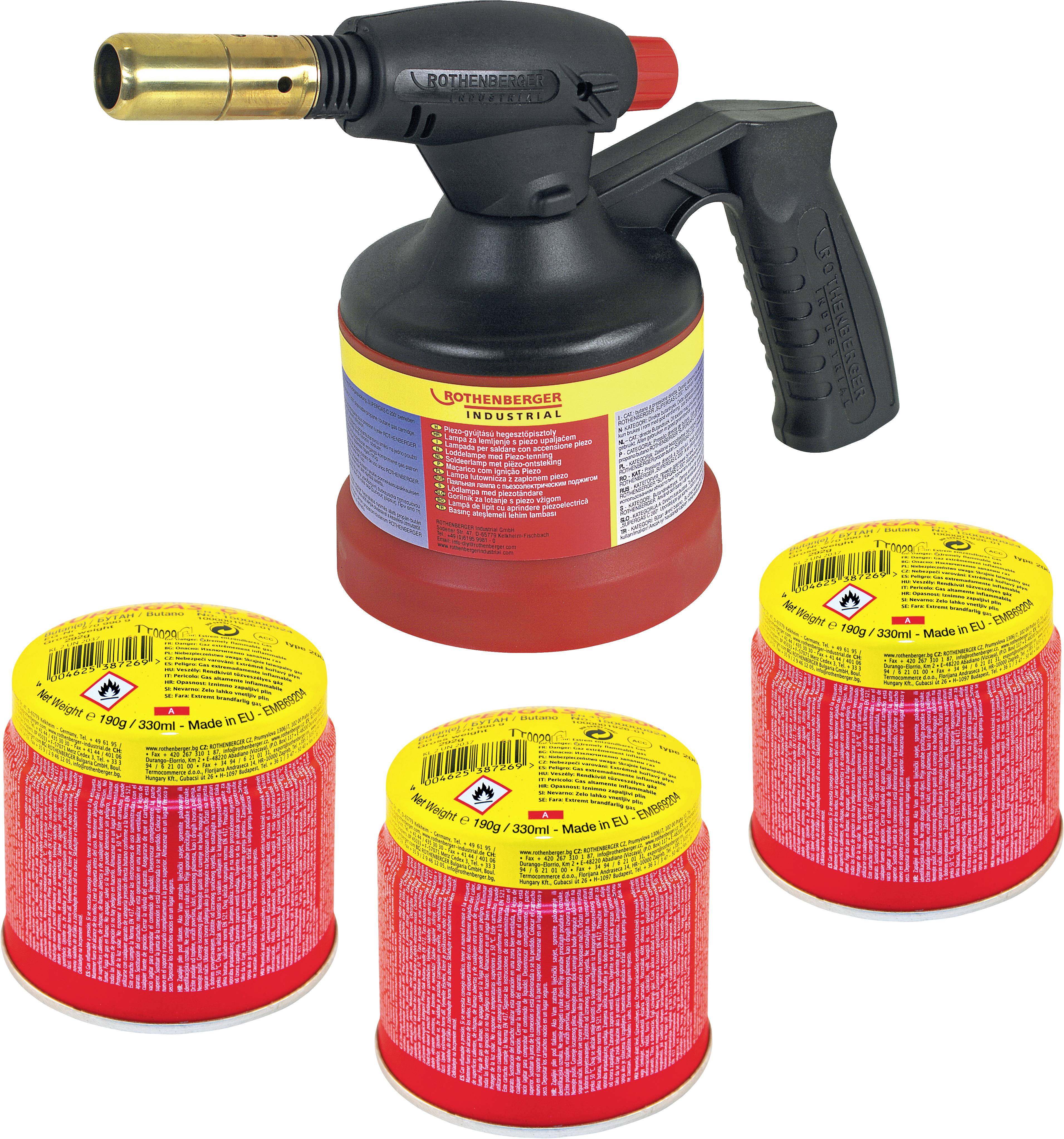 Brûleur avec base rouge et poignée noire, à côté de trois cartouches de gaz jaunes. Adapté pour les travaux de soudage et de chauffage.