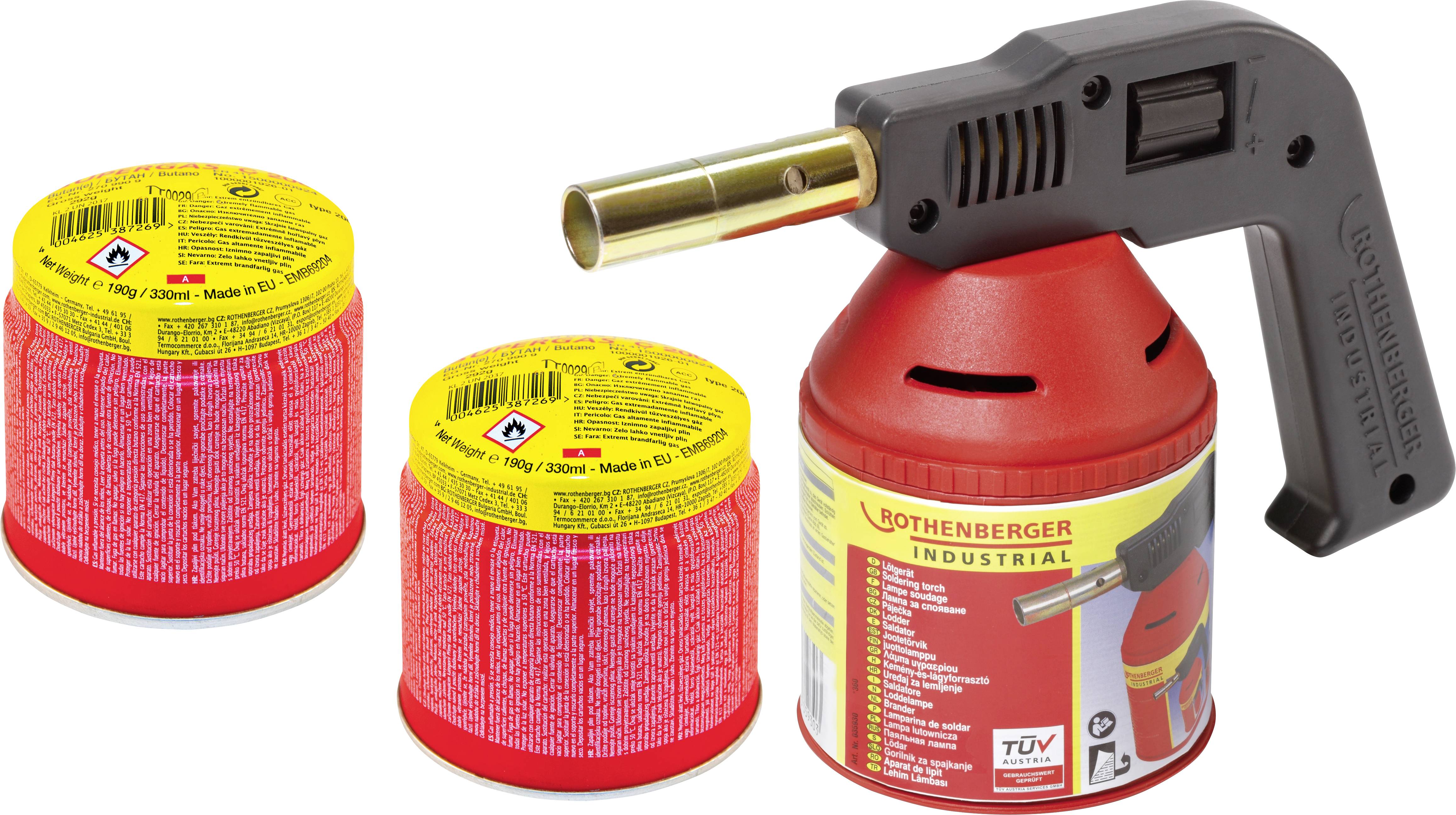 Appareil de soudage rouge de Rothenberger avec deux bouteilles de gaz jaunes. Convient pour les travaux d'installation et de réparation.