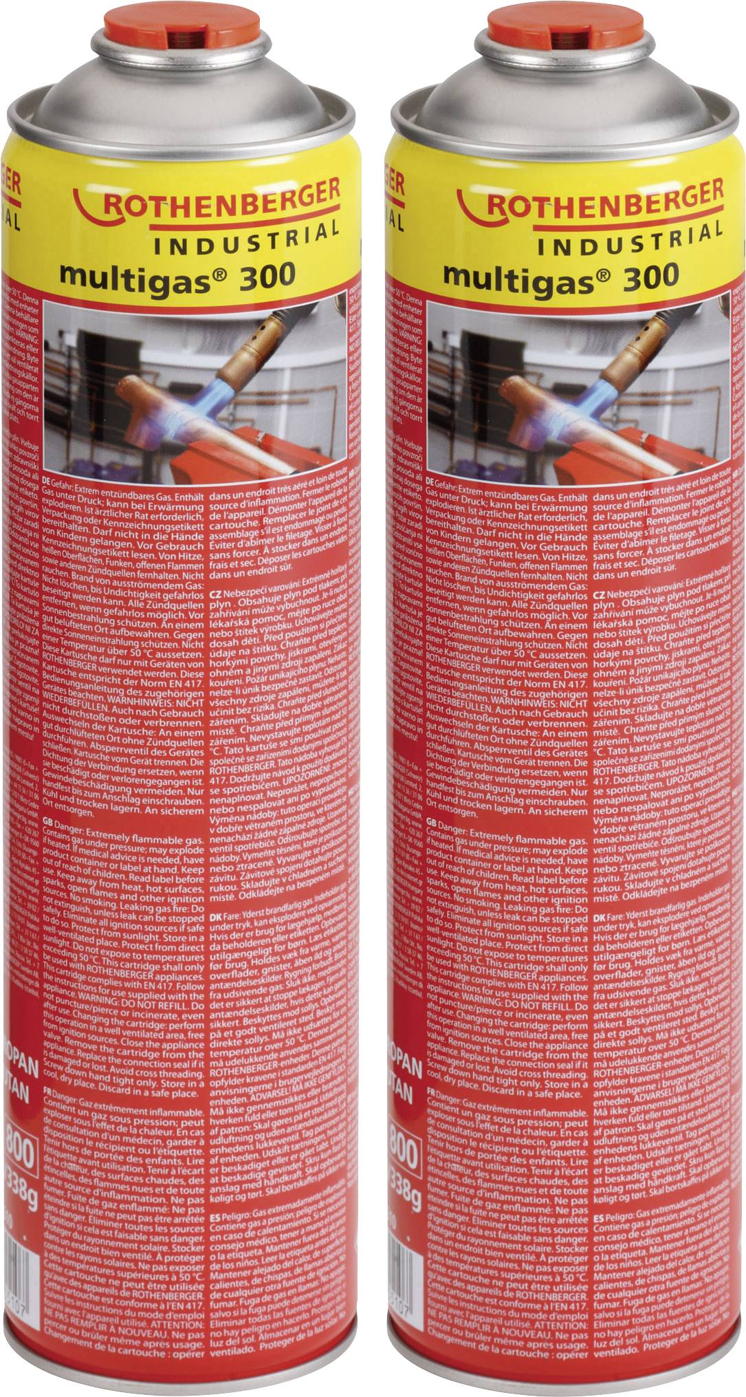 Deux cartouches de gaz rouges 'Rothenberger Multigas 300', posées côte à côte. L'emballage présente une image de flamme et des instructions de sécurité.